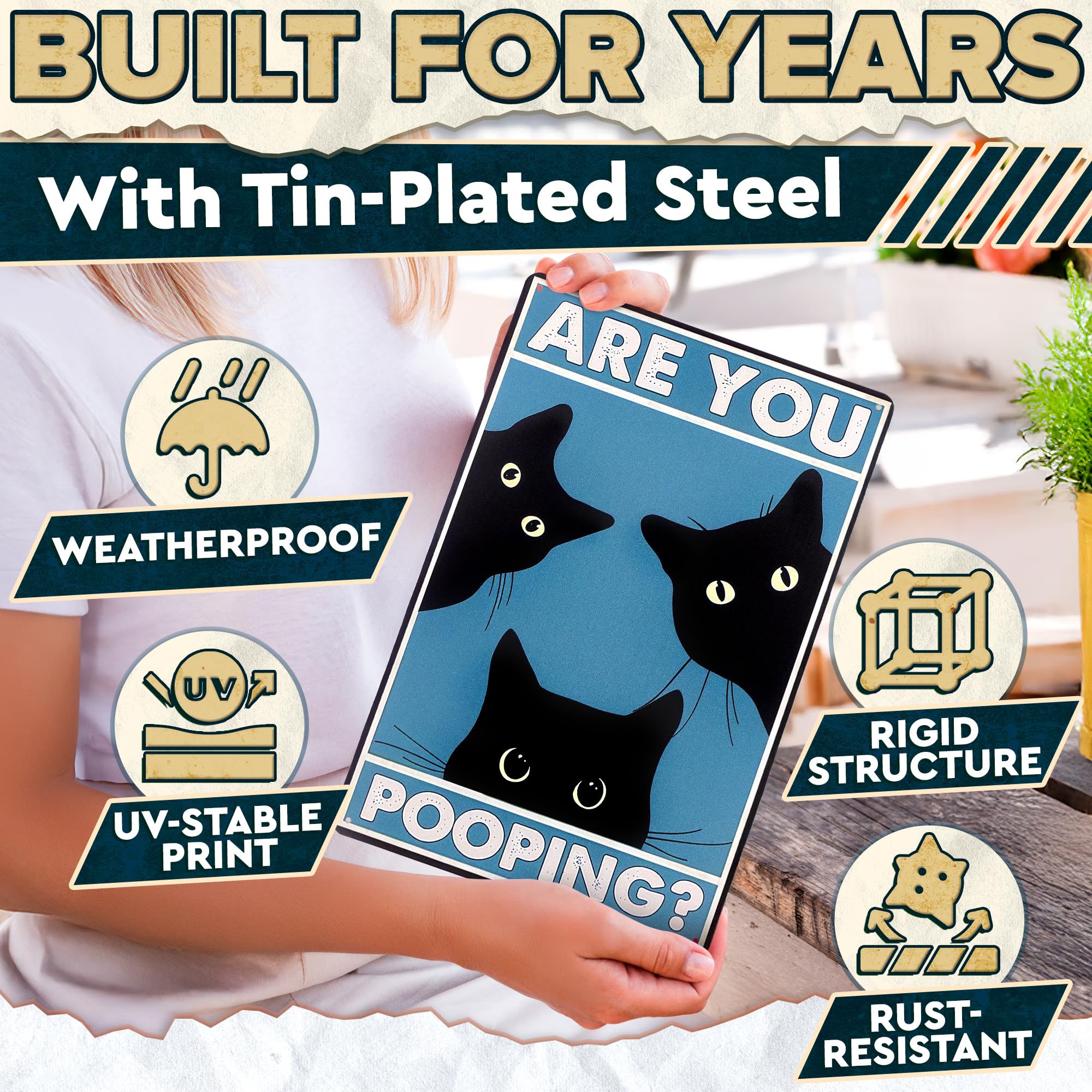 Are You Pooping Sign - Funny Cat Bathroom Sign with Anti-Rust Coating 12 x 8 Inch - Black Cat Decor for Home, Metal Wall Plaque