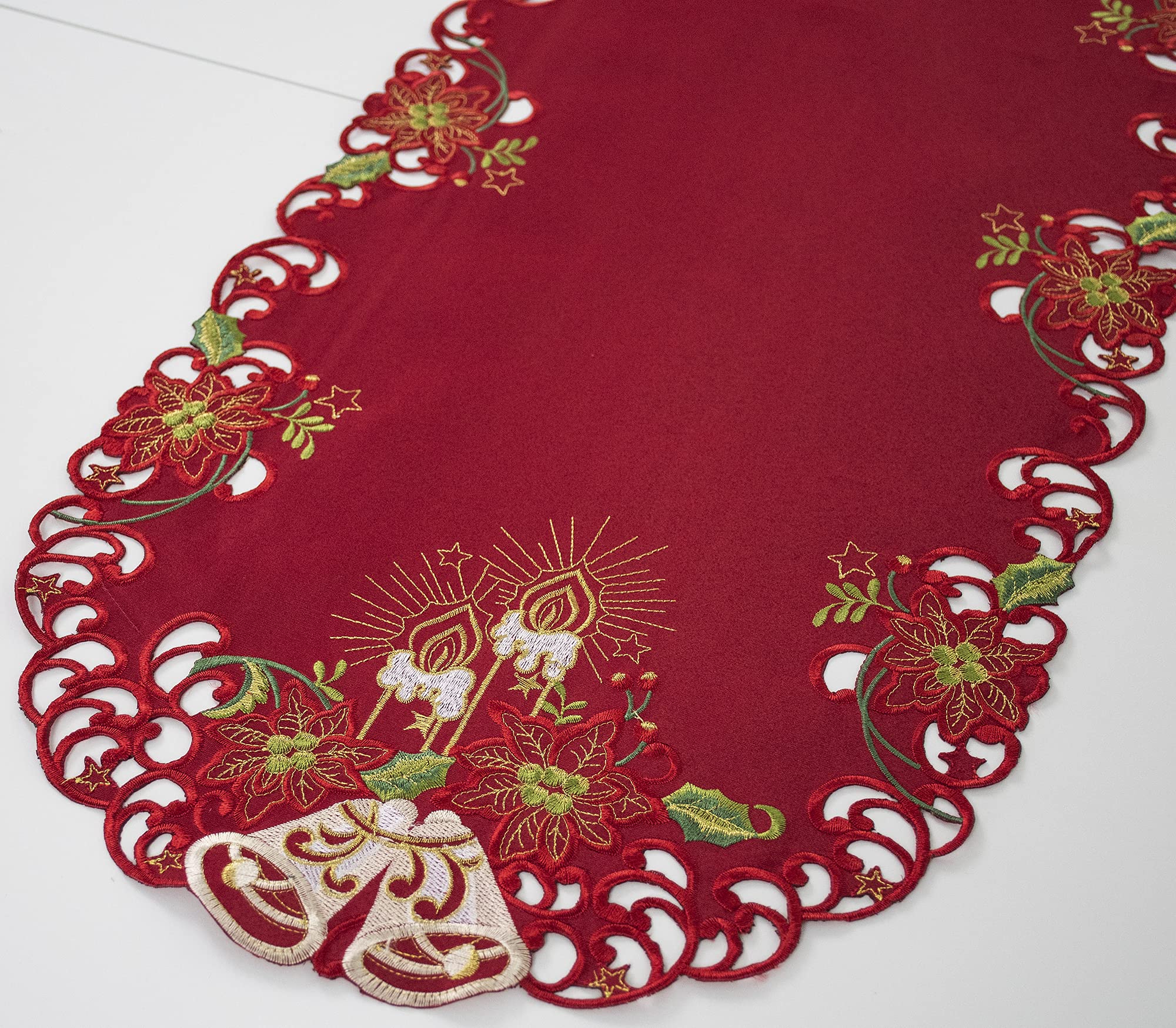 Embroidered Elegant White Bells Christmas Candle Gold Thread Green Leaves Holiday Table Runner  Dresser Scarf (14Wx35L)