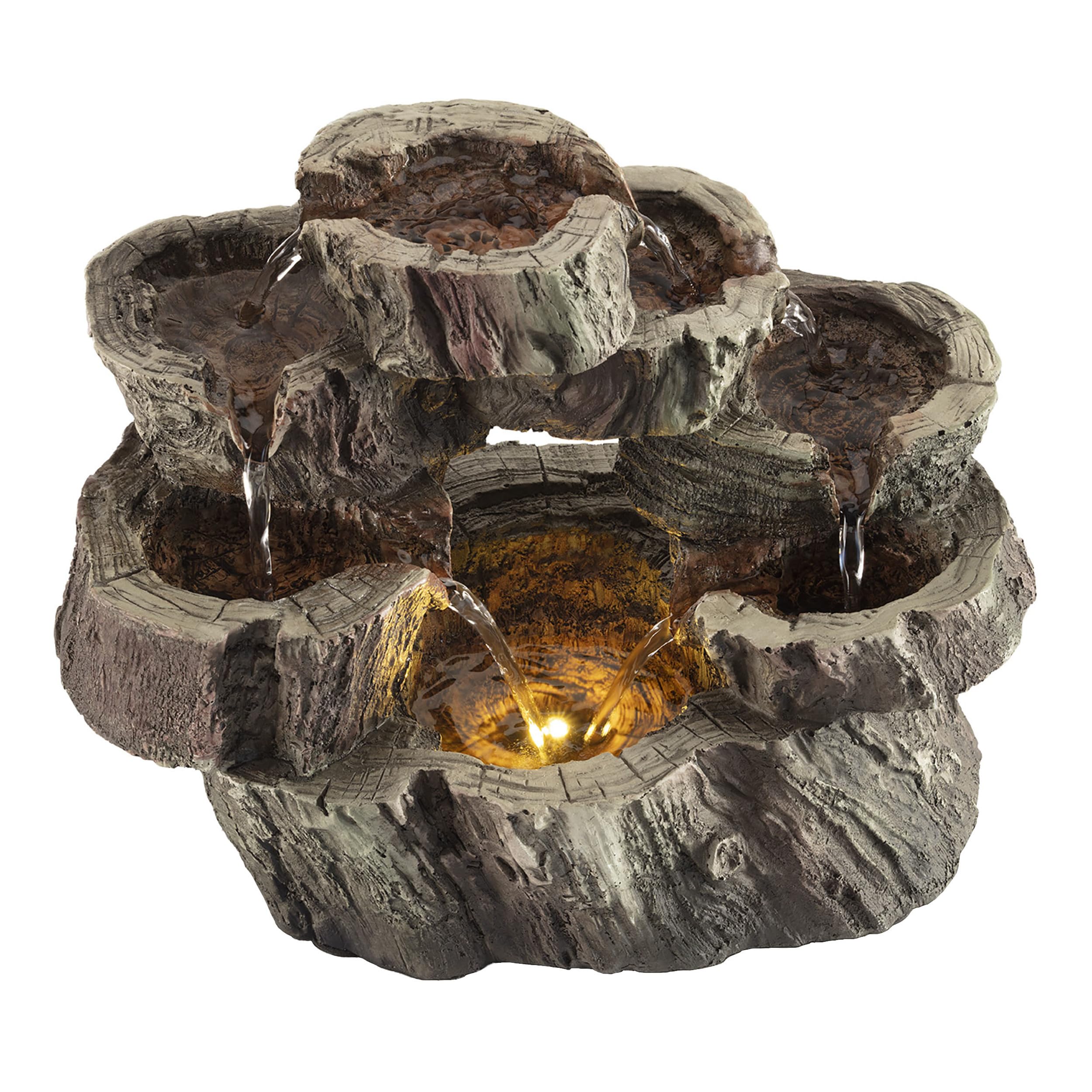 Alpine Corporation WIN1134 10 Indoor Tabletop Tiered Tree Trunk Waterfall Fountain with LED Lights - Rustic Cascading Water Feat