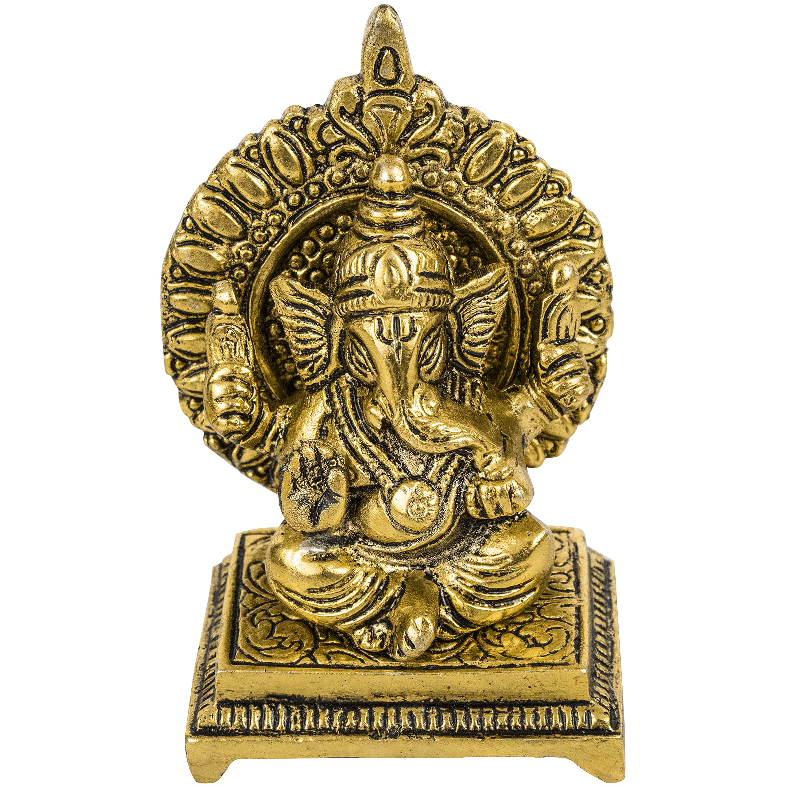 Spillbox Oxidised Gold Finished Sinhasan Ganesha Brass God Idol Statue Showpiece For Home Office Figurine Religious Pooja Gift L