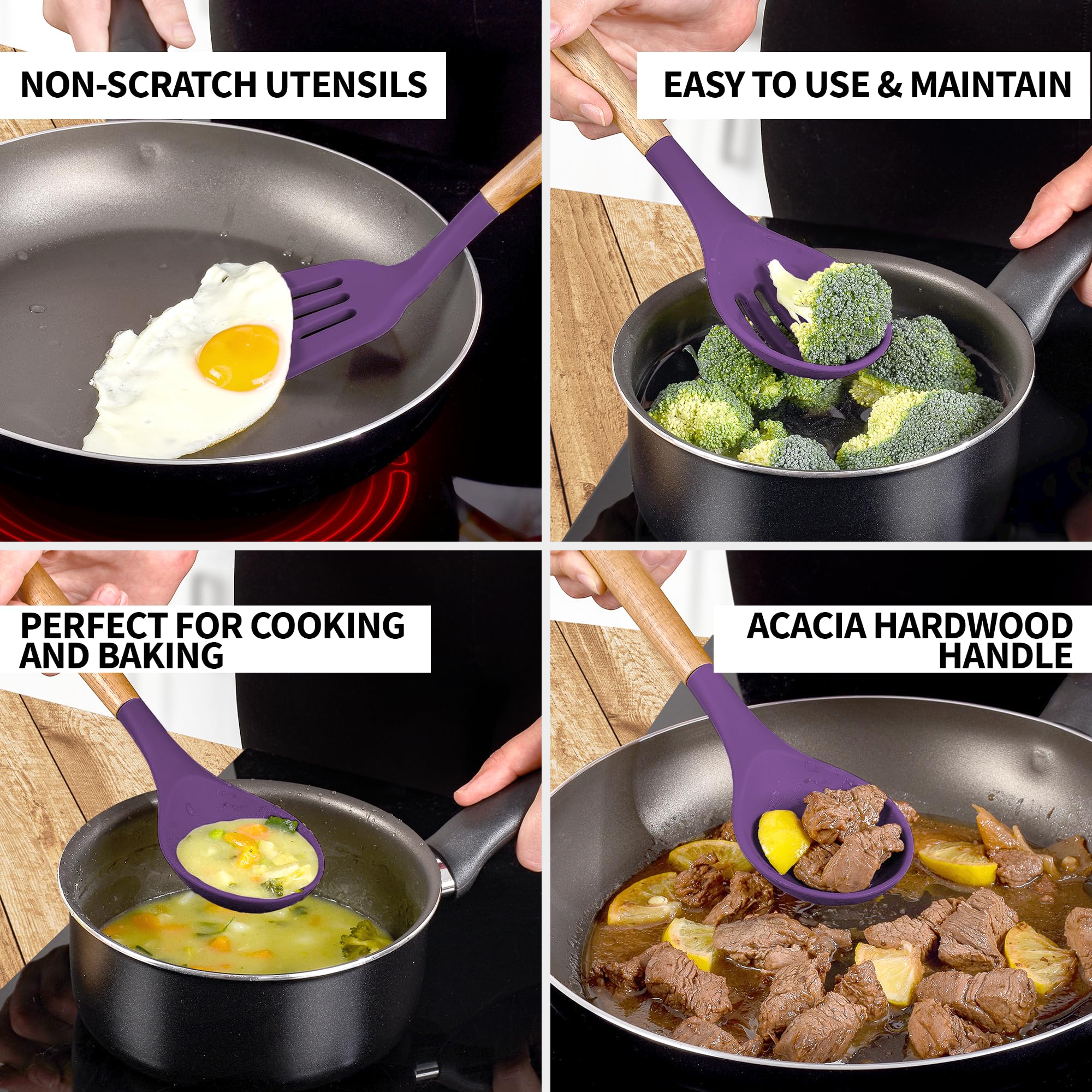 Zulay Kitchen Utensils Set Non-Stick Silicone Cooking Utensils Set With Authentic Acacia Wood Handles - 5 Piece Silicone Utensil
