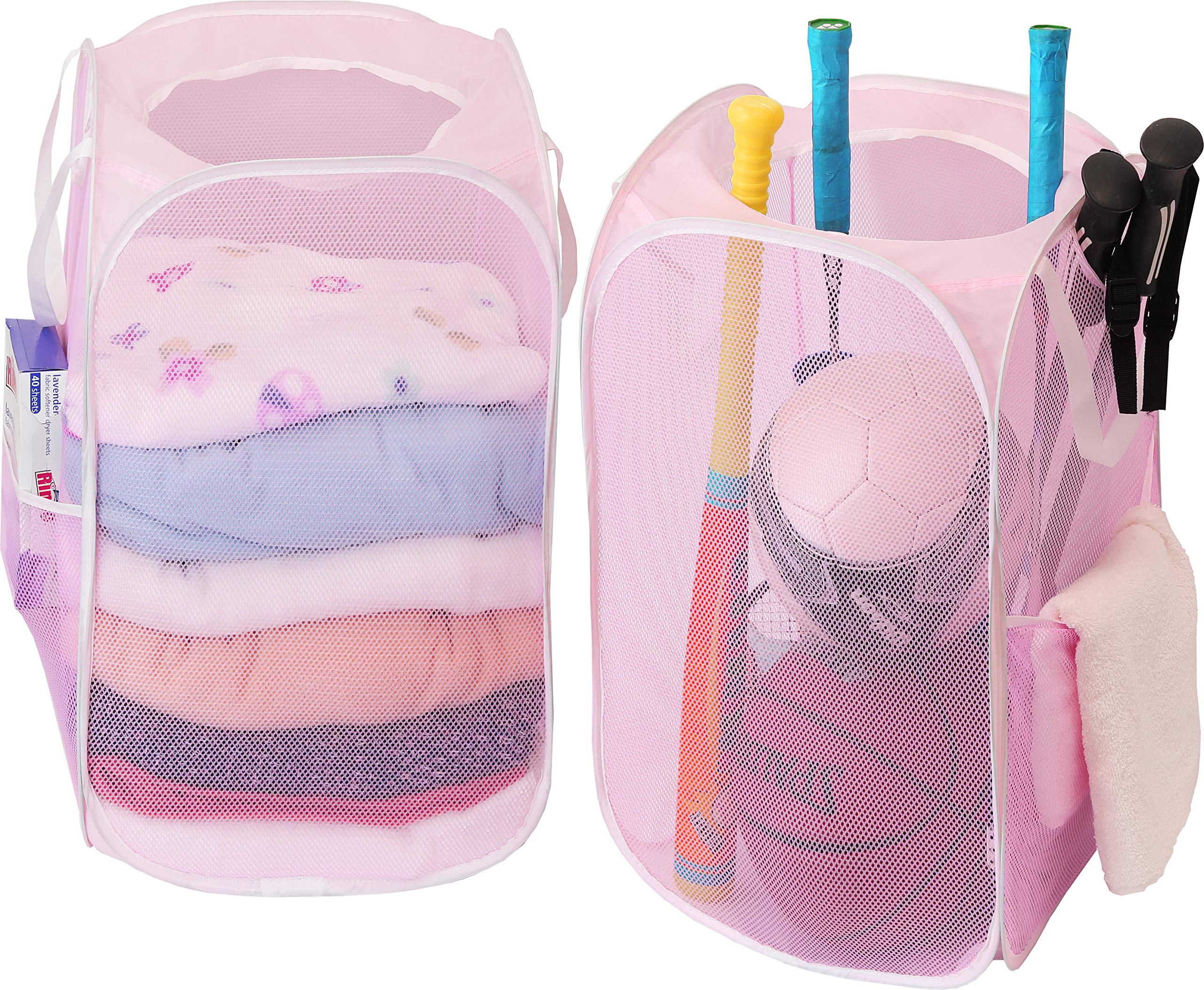 2 Pack - Simplehouseware Mesh Pop-Up Laundry Hamper Basket With Side Pocket, Pink