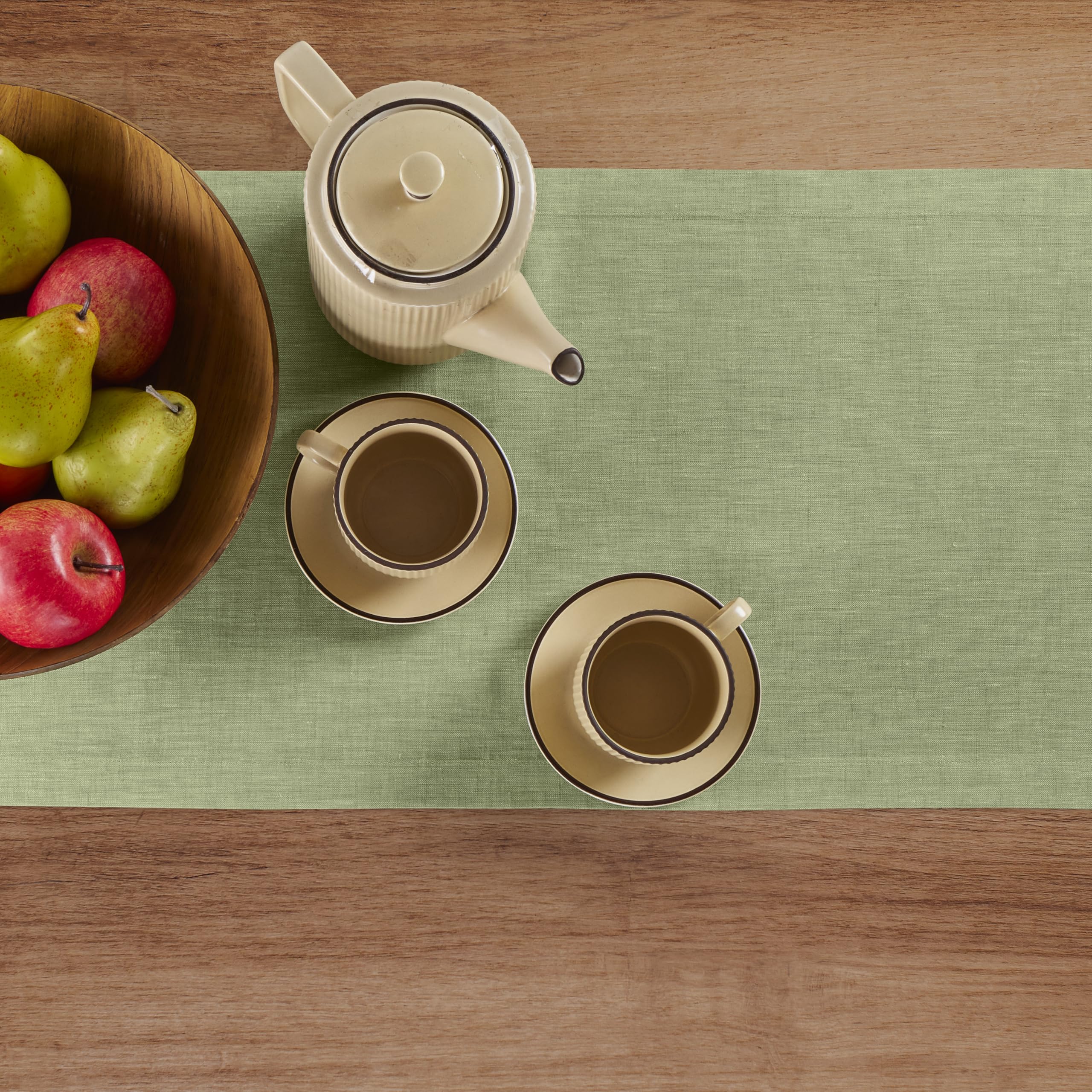 Solino Home Linen Small Table Runner 60 Inches - Athena, 100% Pure Linen Chambray Olive Table Runner 14 x 60 Inch Ideal for Dres