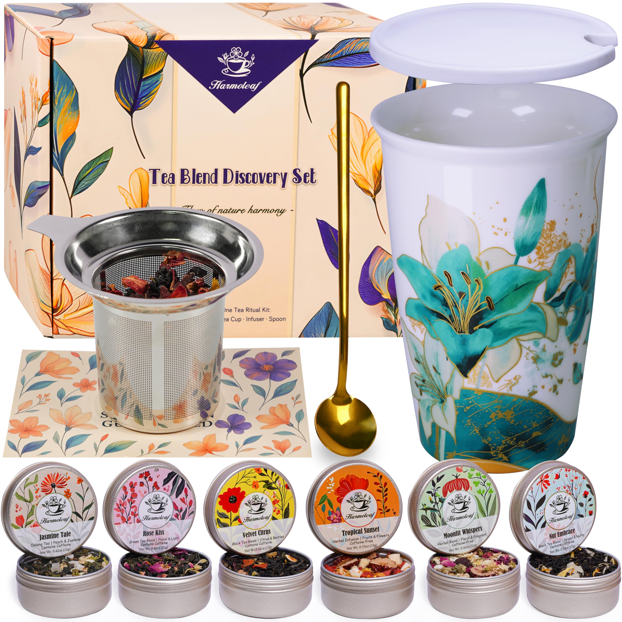 Harmoleaf Tea Gift Set for Women, 6 Loose Leaf Tea Blends with Blue Lily Insulated Ceramic Cup, Stainless Steel Infuser, Lid and