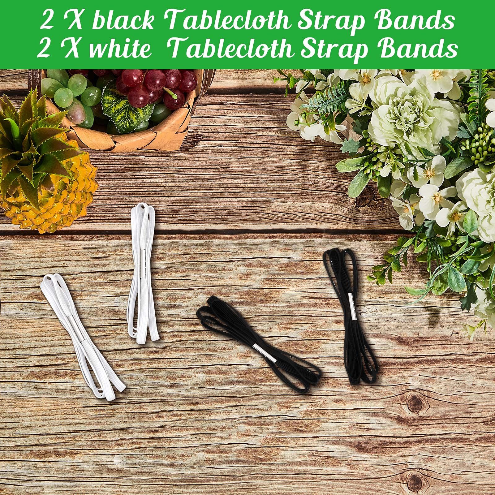 Riakrum Table Bungees Tablecloth Strap Band Tablecloth Bungee Cord to Hold Down Table Cloth for Outdoor Tables Kitchen Tables Picnic Camping Wedding Party(White  Black 4 Pieces)
