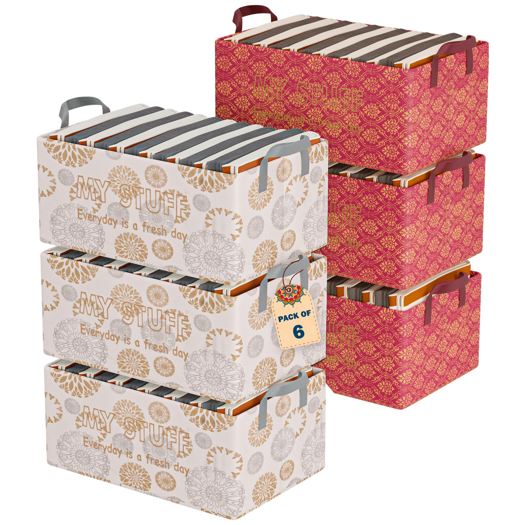 Urbane Home Pack Of 6 Foldable NonWoven Storage Box For Clothes | Dress & Towel Organiser For Wardrobe | Collapsible Container 
