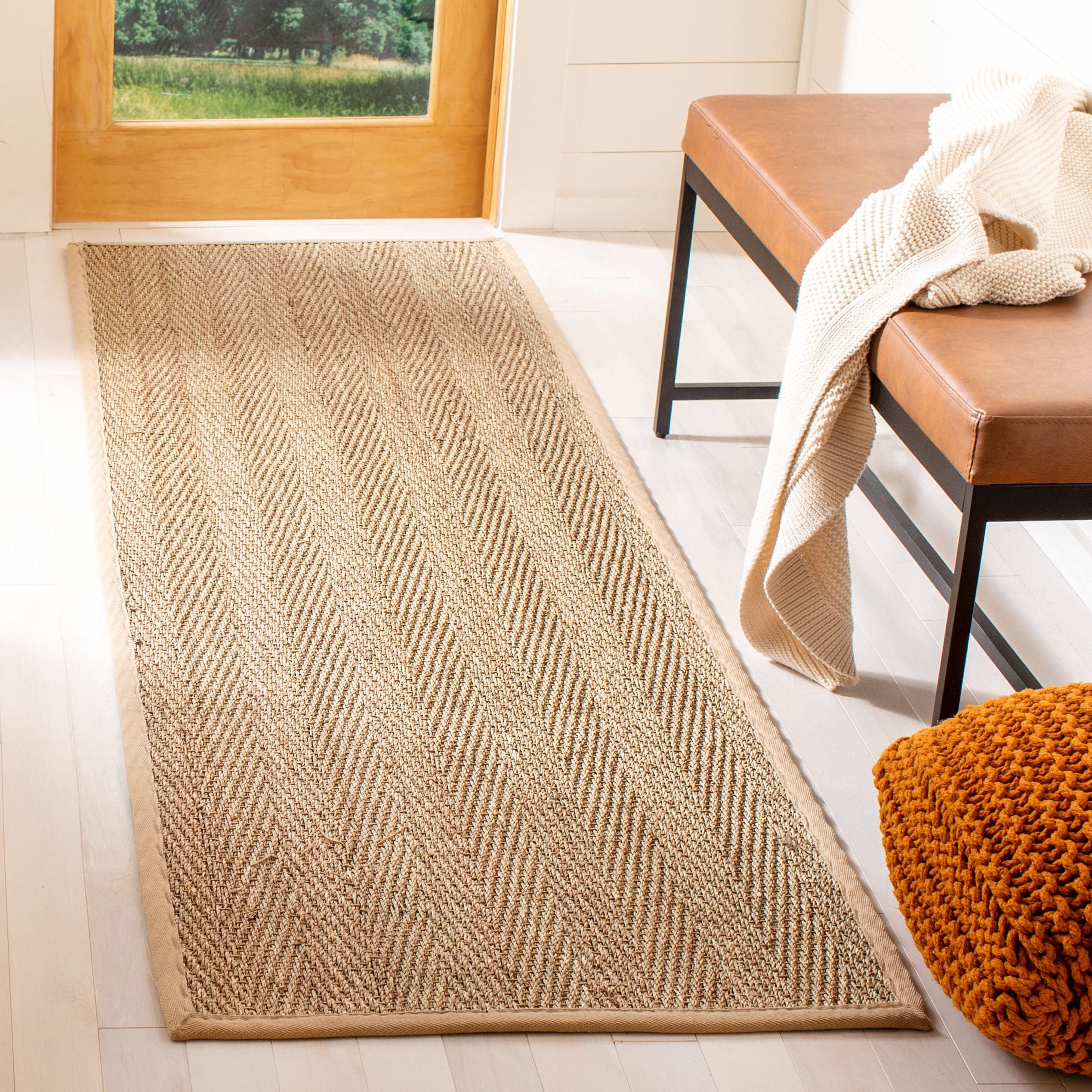 SAFAVIEH Natural Fiber Collection Runner Rug - 26 x 12, Natural & Beige, Border Herringbone Seagrass Design, Easy Care, Ideal 