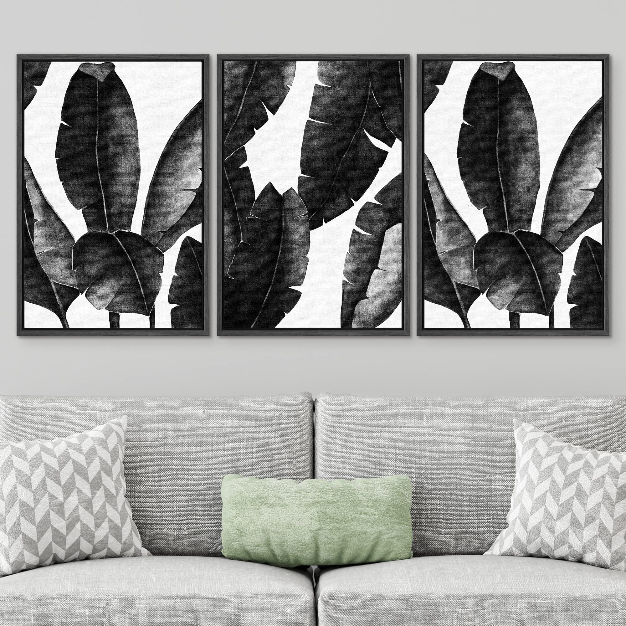 Signwin 3 Piece Framed Canvas Wall Art Black And White Tropical Leaves Canvas Prints Home Artwork Decoration For Living Room,Bed
