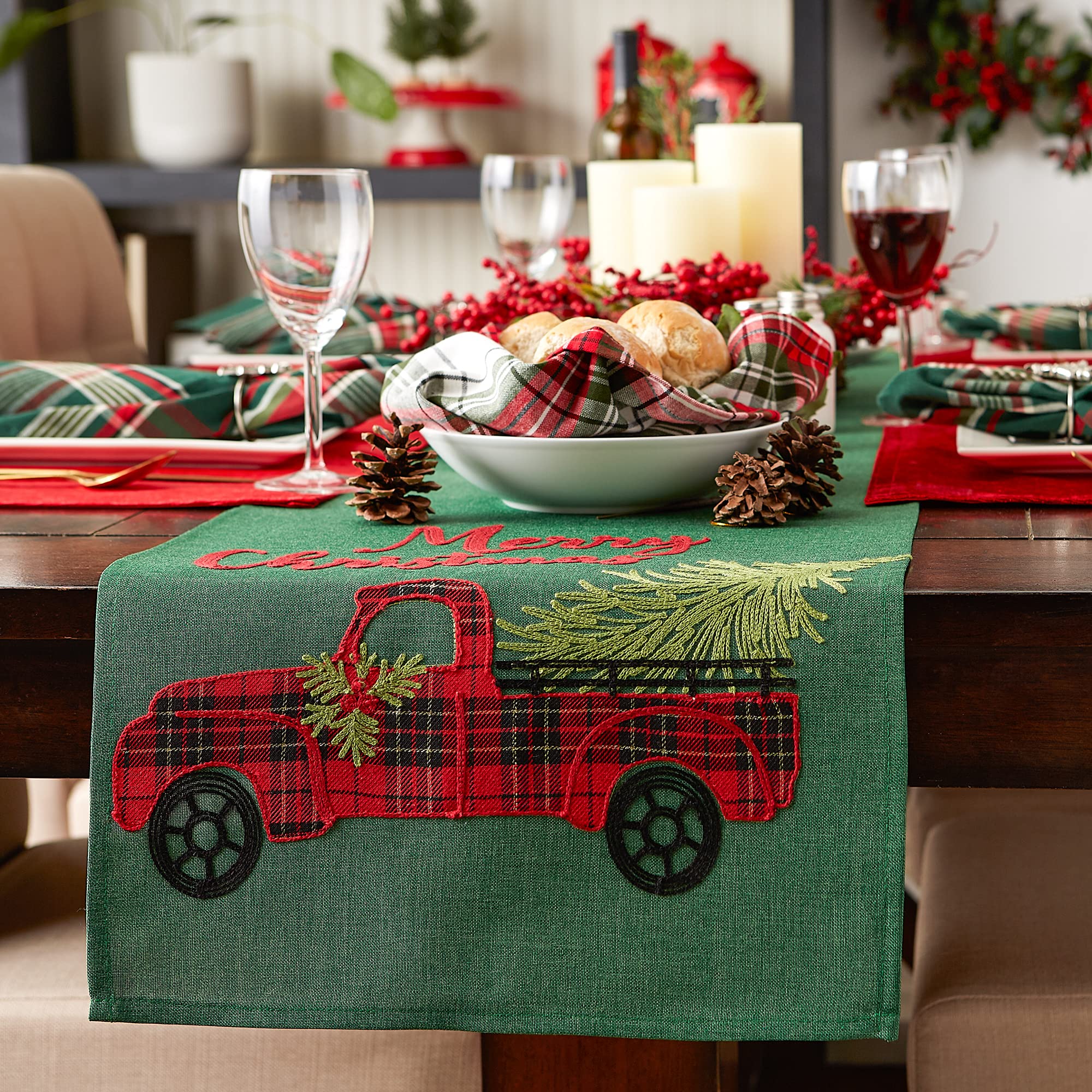 Dii Holiday Dining Table Decoration Embroidered Christmas Table Runner, 14X108, Plaid Christmas Truck