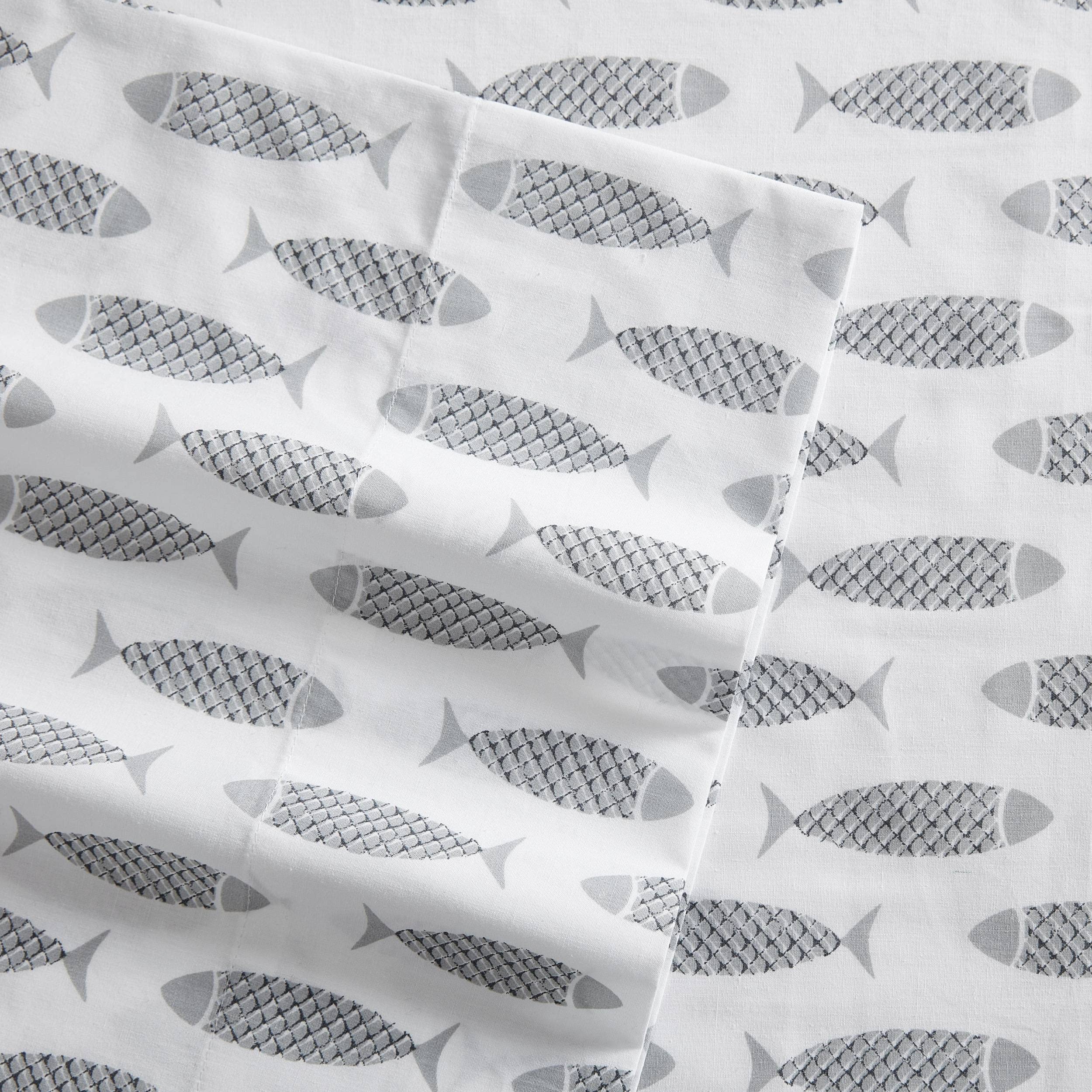 Nautica- Twin Sheet Set, Cotton Percale Bedding Set, Crisp  Cool, Lightweight  Breathable (Woodblock Fish Grey, Twin)