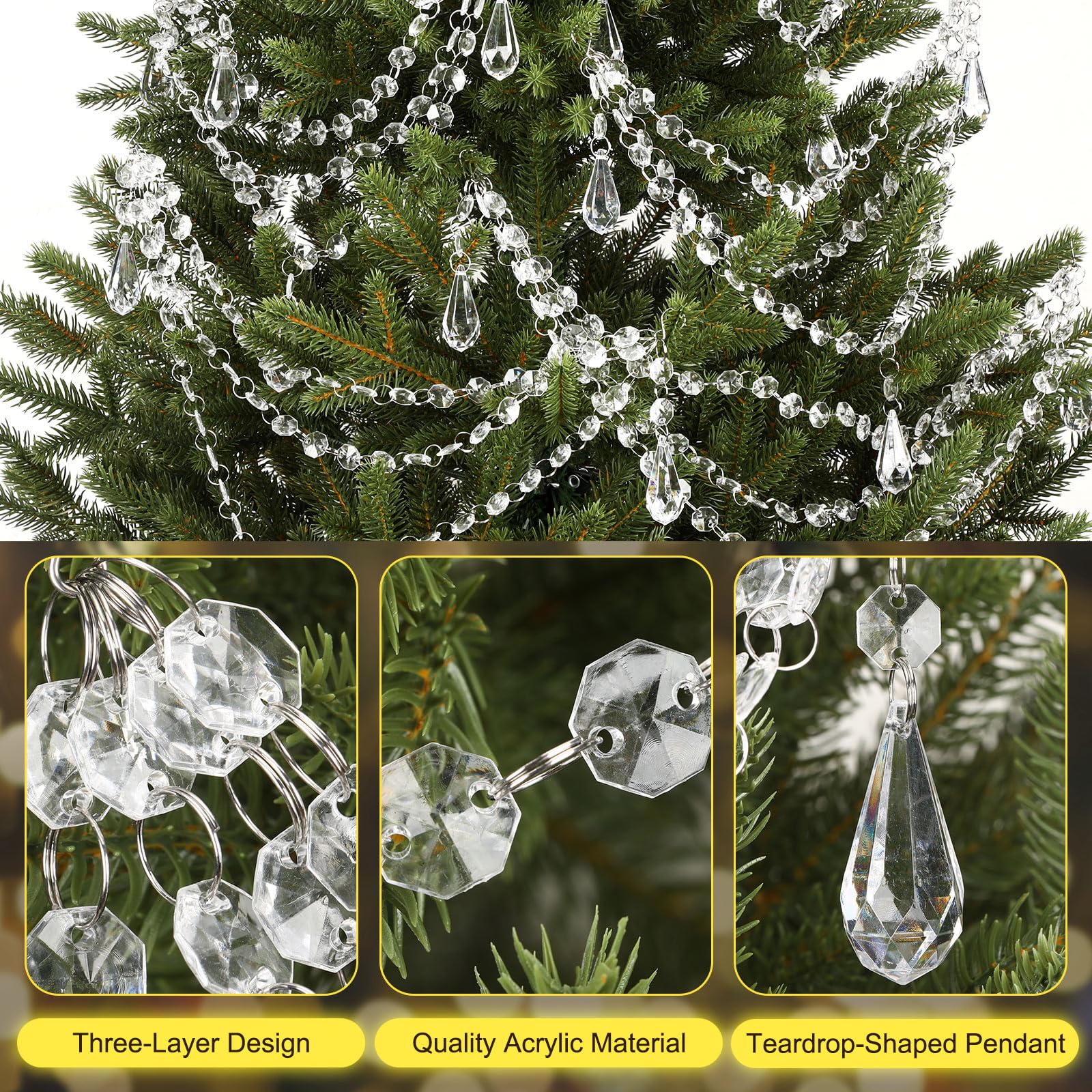 Pinkunn 12 Pcs 3-Layer Crystal Garland for Christmas Tree 20in 16in 12in 3-Layer Acrylic Bead Garland Hanging Christmas Decorati