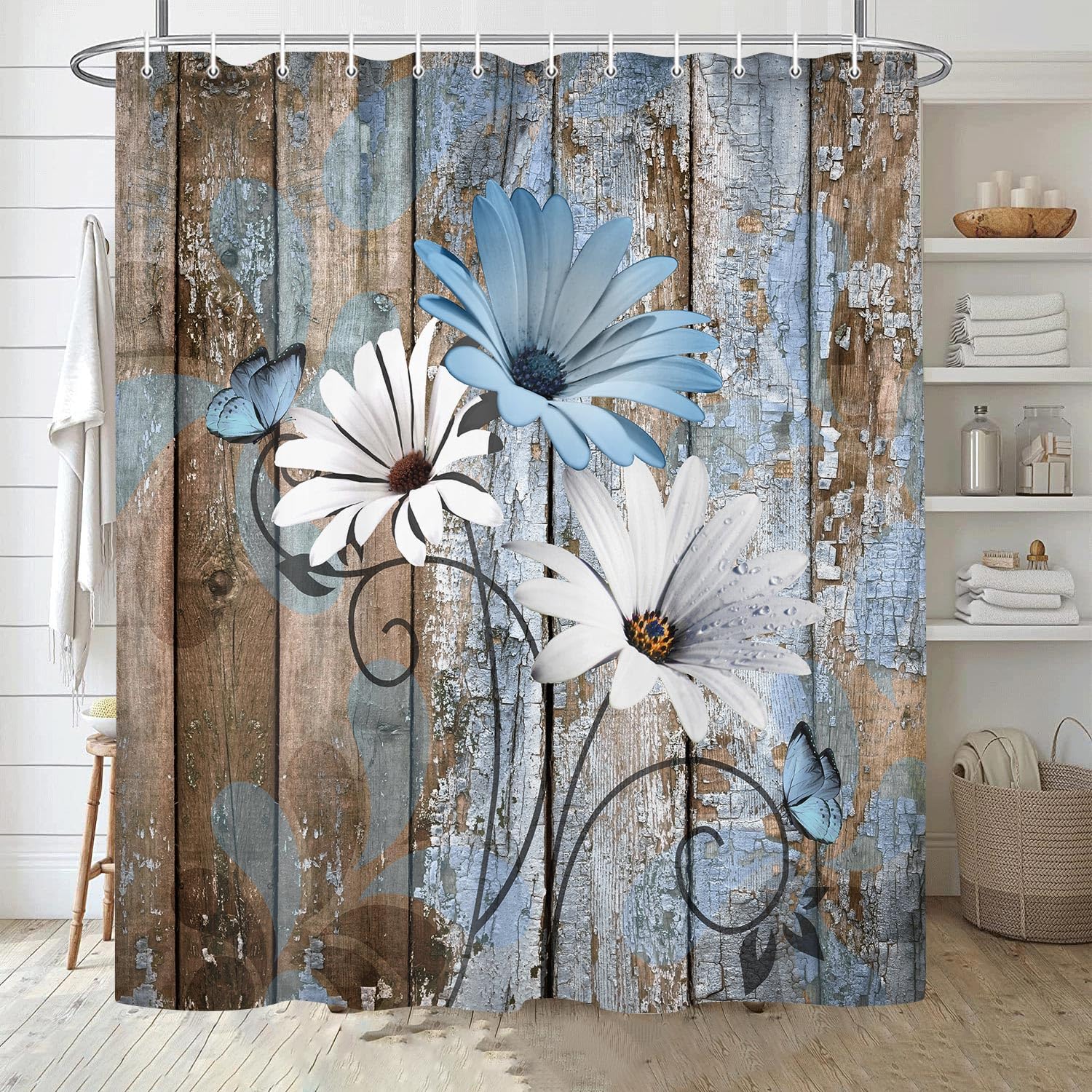 Jawo Farmhouse Flower Floral Shower Curtain, Rustic Blue Daisy Shower Curtain Set, Country Blue Wild Garden Plant Fabric Shower