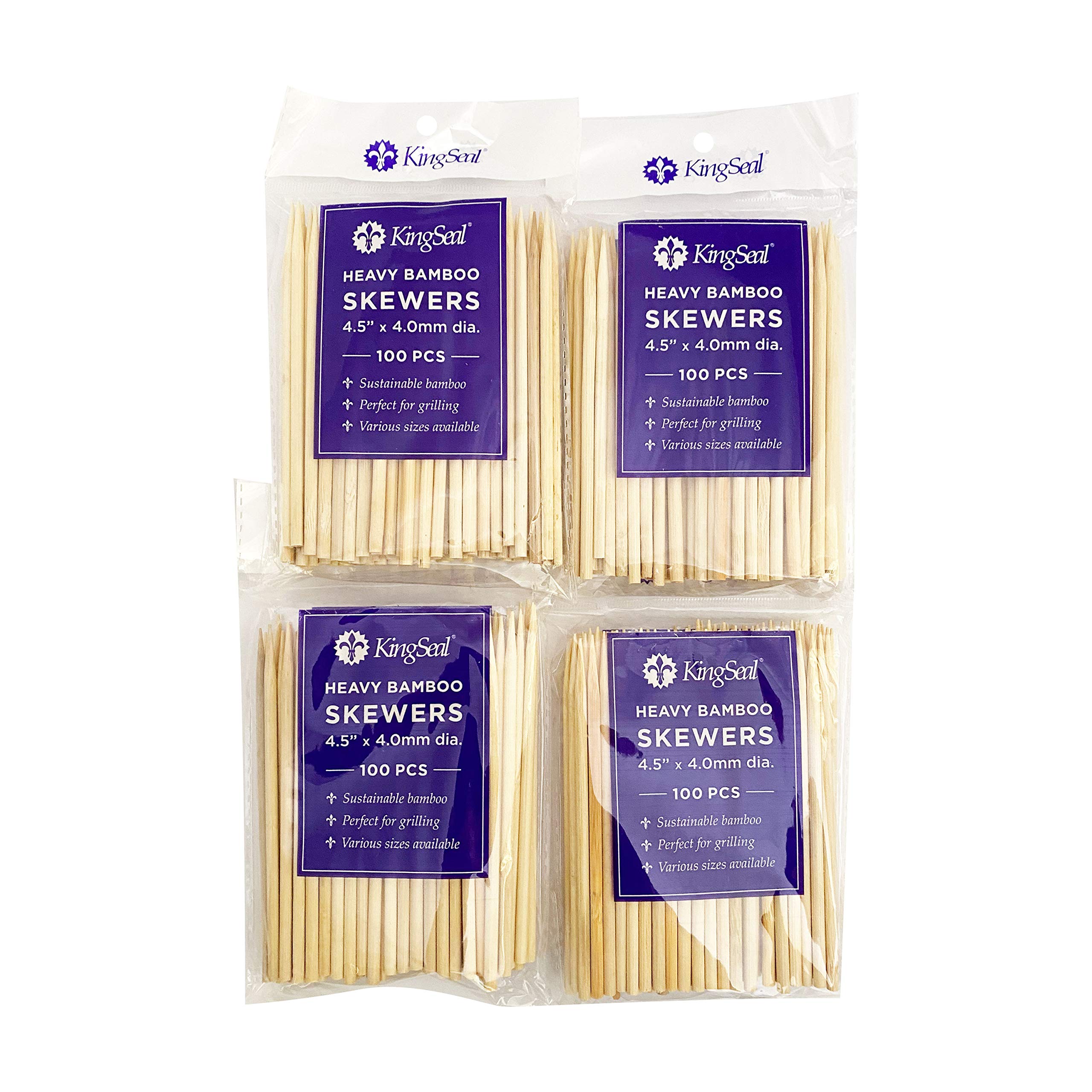 Kingseal Renewable Bamboo Heavy Duty Skewers, Sticks, 4.5 Inches X 3.8 Mm Diameter - 4 Bags Of 100 Skewers (400 Count)