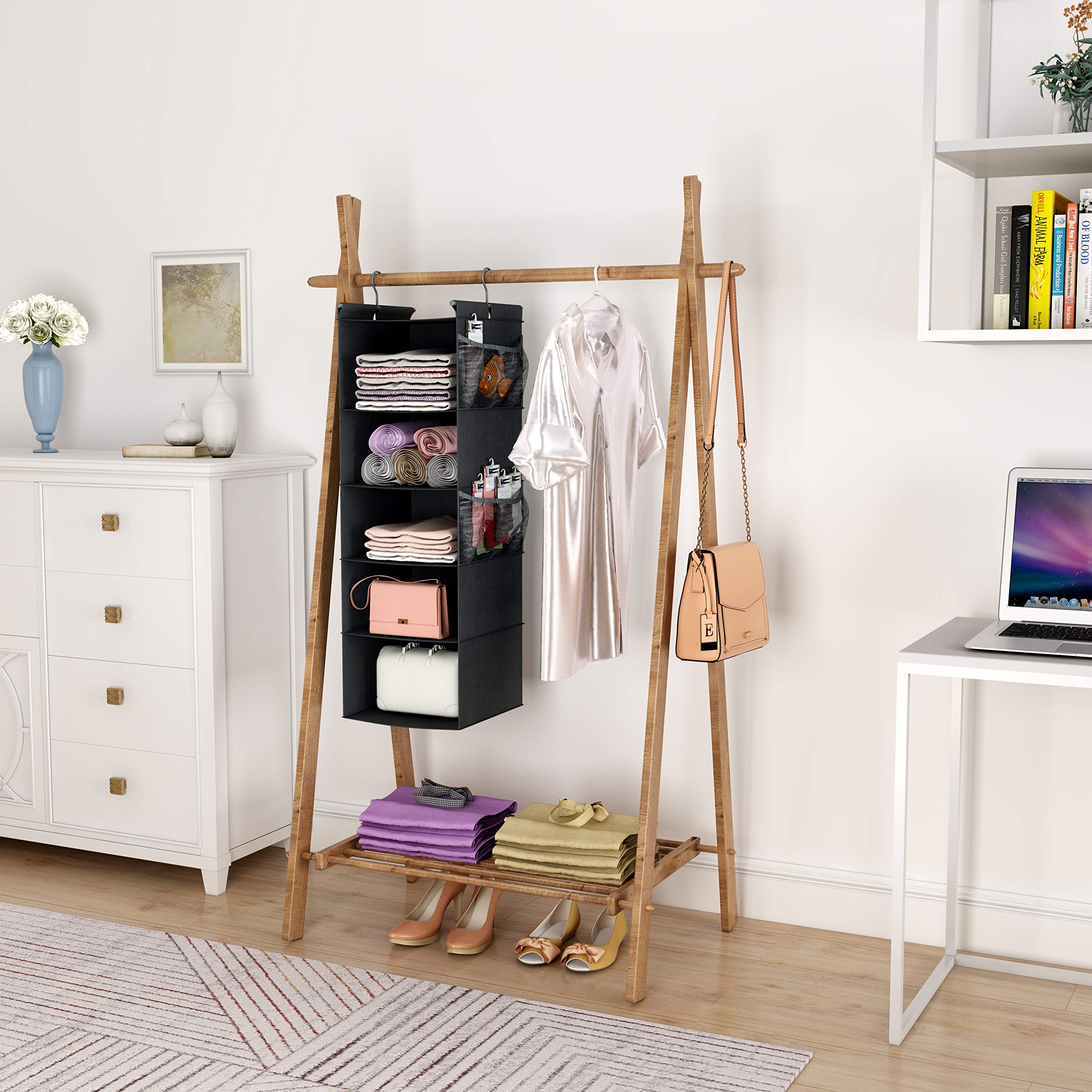 Max Houser 5 Shelf Hanging Closet Organizer,Space Saver, Closet Hanging Shelves With (4) Side Pockets,Foldable (Black)