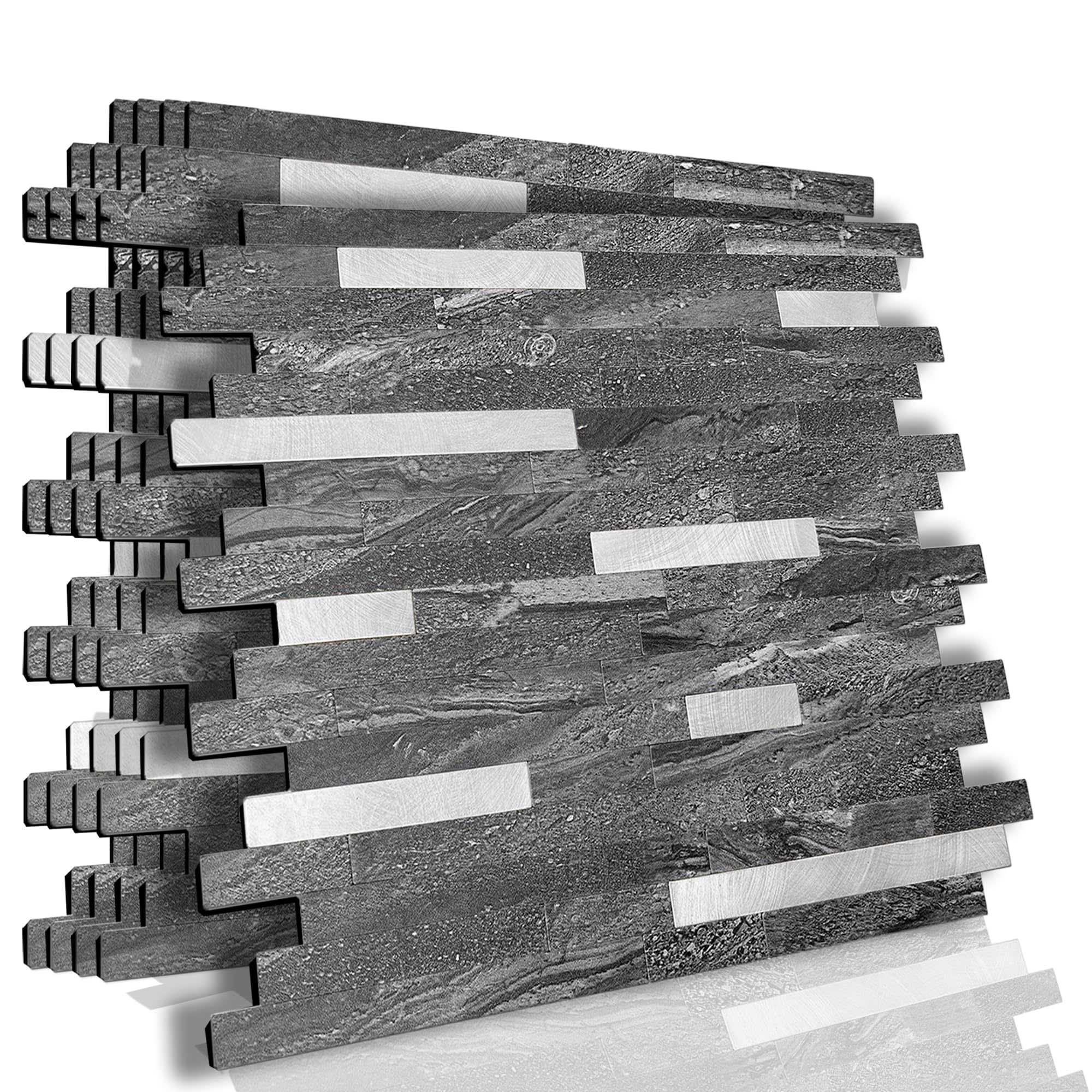 Kasaro 10-Sheet Peel And Stick Backsplash Tiles For Kitchen, Marble Black With Vintage Silver Embellished Stripes, Self-Adhesive