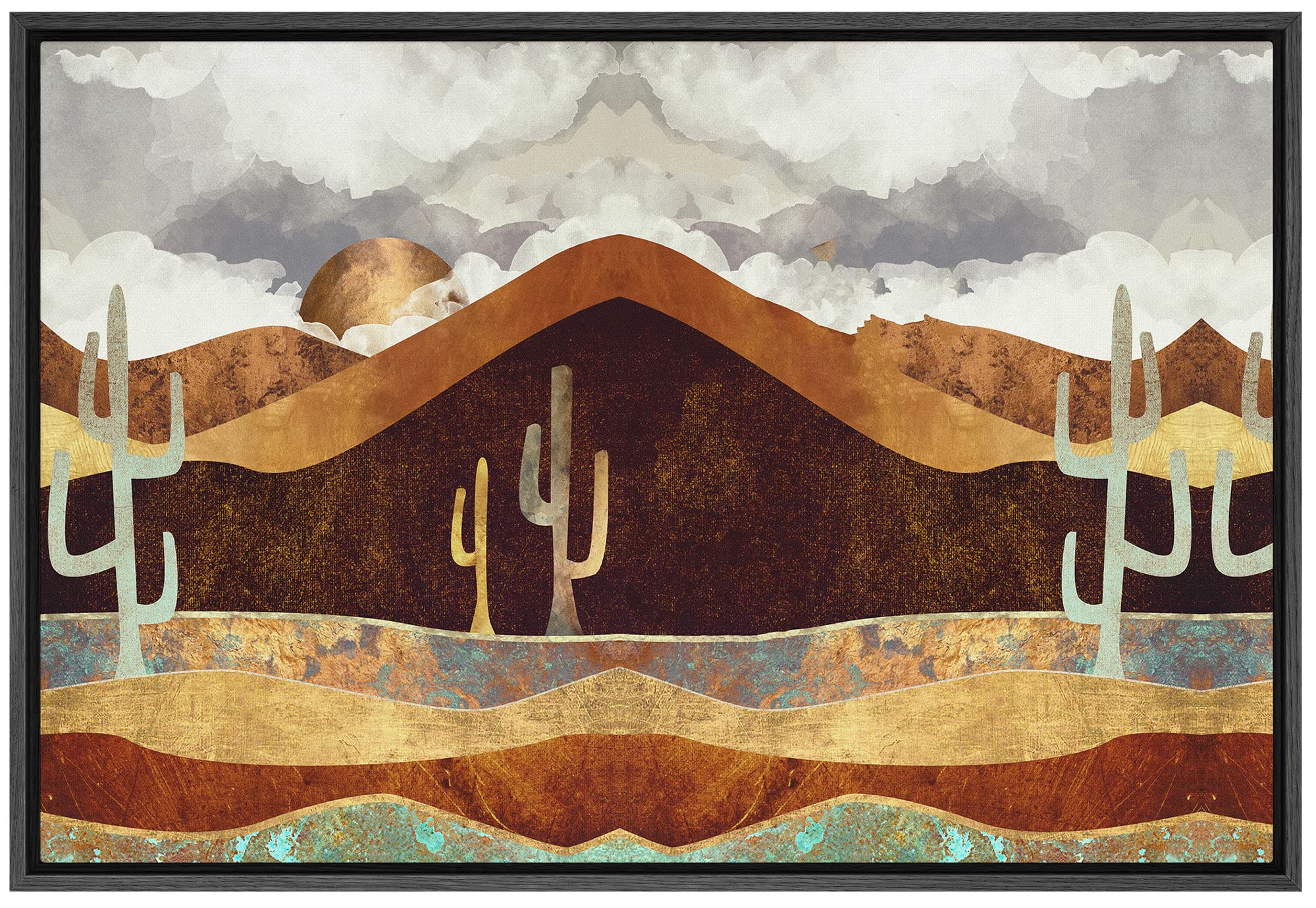 Signford Framed Canvas Print Wall Art Brown Desert Canyon With Cacti Abstract Wilderness Illustrations Modern Art Rustic Scenic