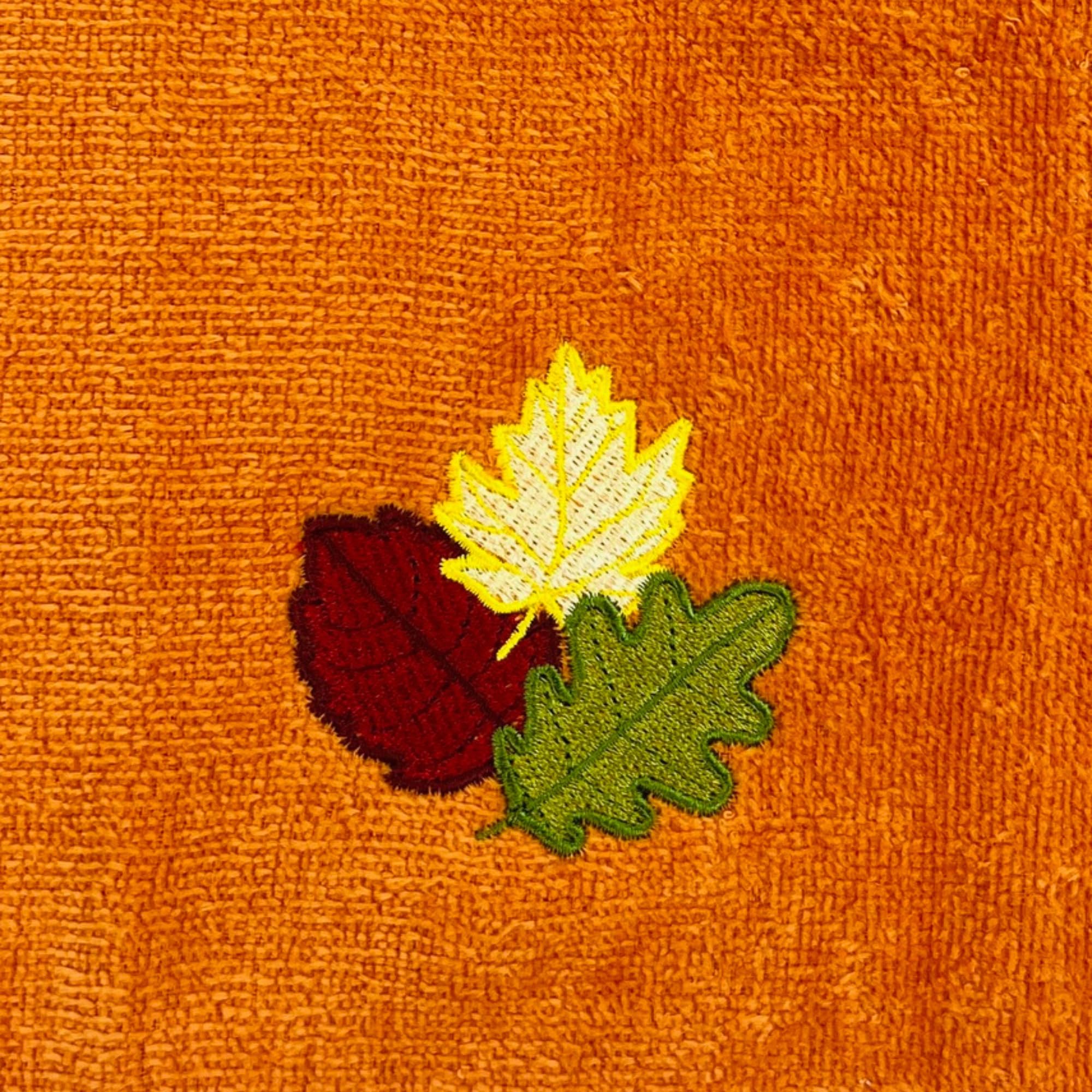 Serafina Home Decorative Fall Leaf Fingertip Towels: Embroidered Gold Burgundy Green Leaves Design On Plush Orange, 2 Piece Set,