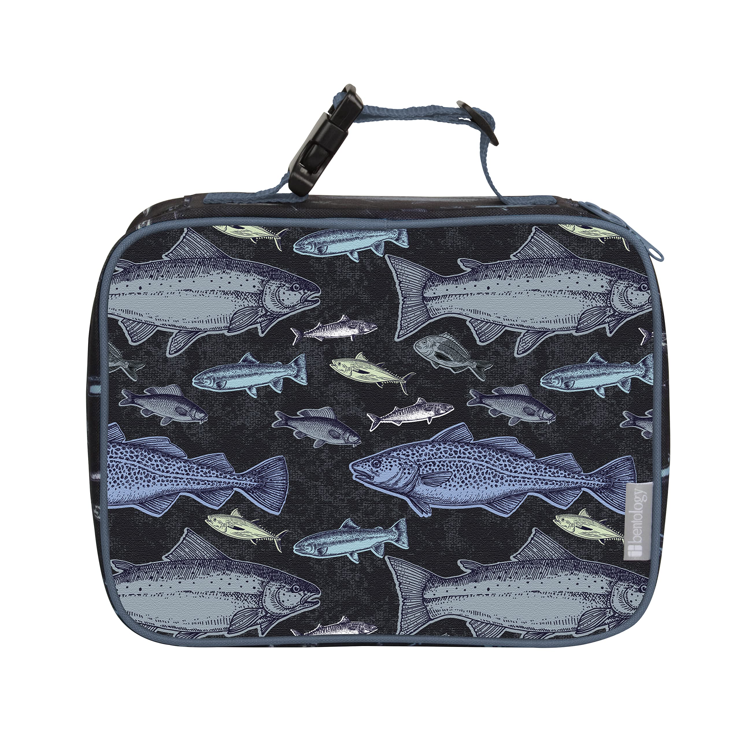 Bentology Lunch Bag And Box Set For Kids - Boys Insulated Lunchbox Tote, Bento Box, 5 Containers And Ice Pack - 9 Pieces - Fish
