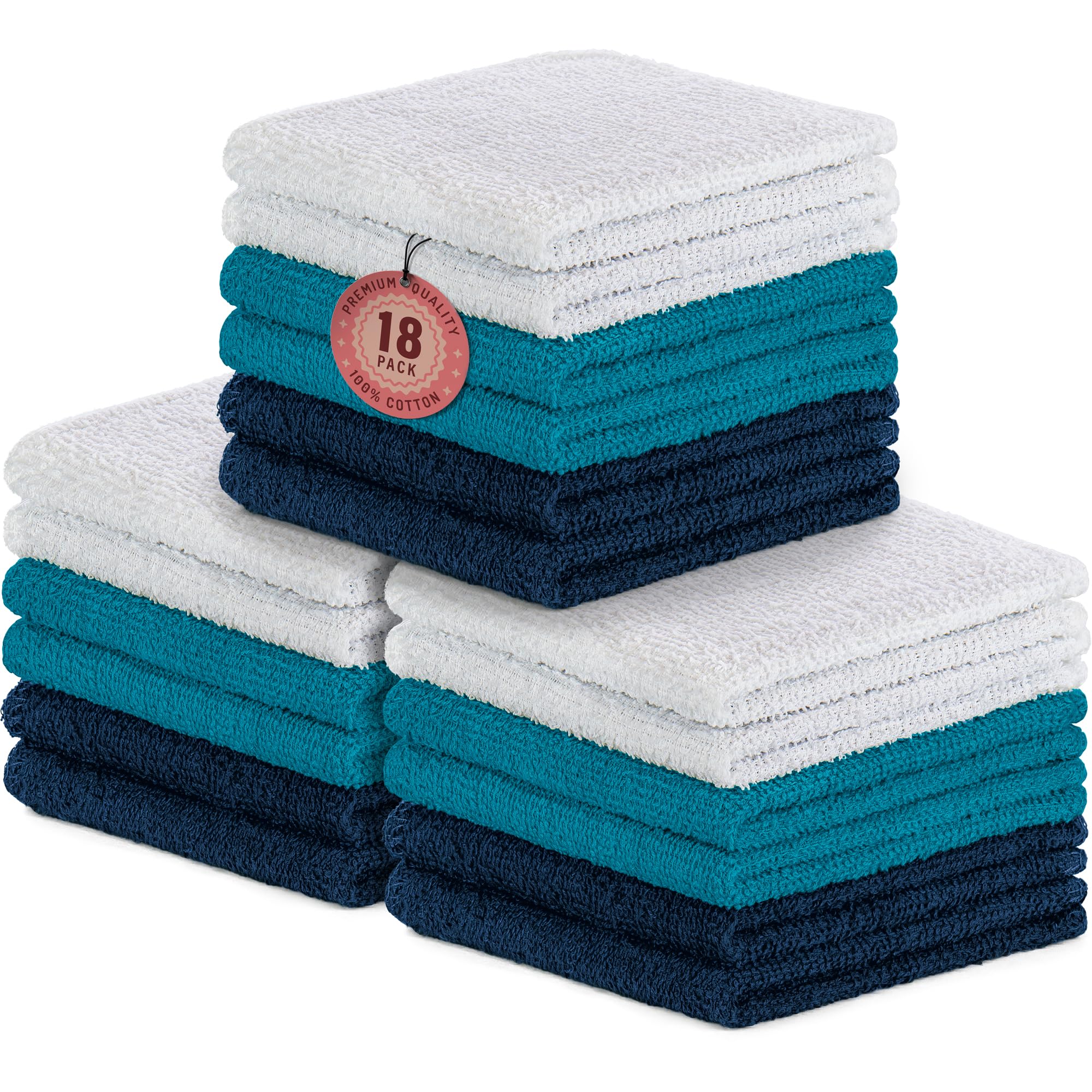 Decorrack 18 Pack 100% Cotton Wash Cloths, Ultra Soft, 11 X 11 Inch Ultra Absorbant, Machine Washable Premium Washcloths, Blue (