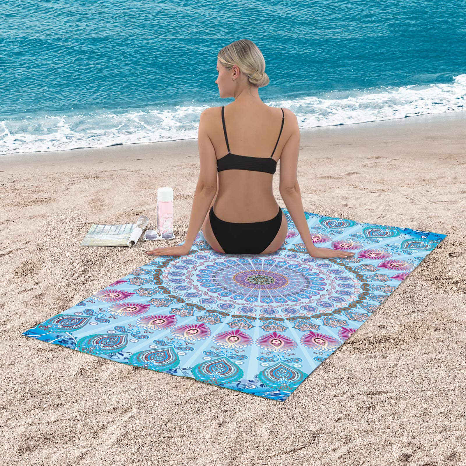 Bonsai Tree Mandala Beach Towel, Indian Hippie Boho Microfiber Bath Towel For Women, Bohemian Blue Sand Free Quick Dry Travel To