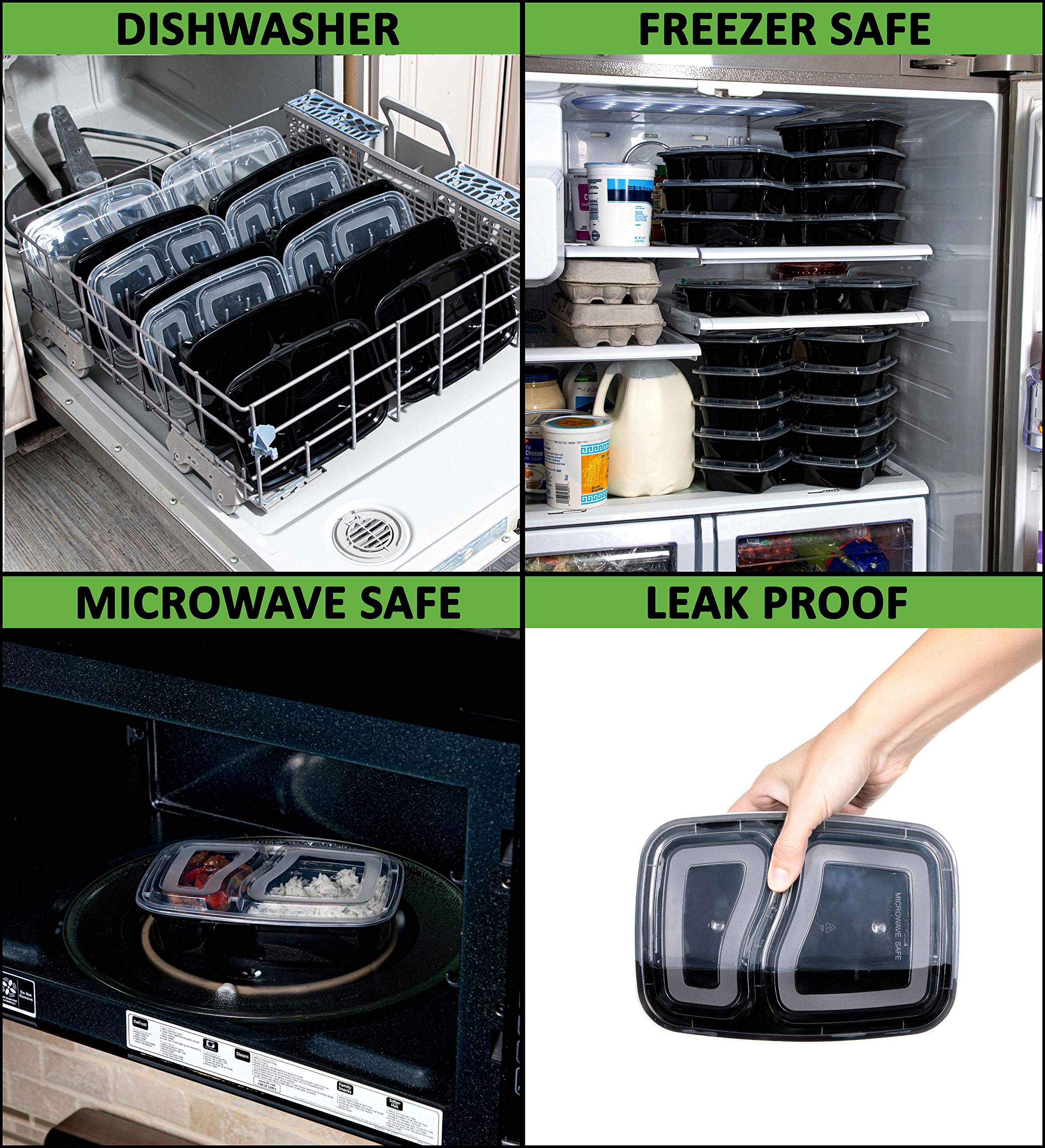 SafeWare 28oz Reusable Meal Prep Container - 2 Compartment, Clear/Black, Microwave & Dishwasher Safe, 25 Sets