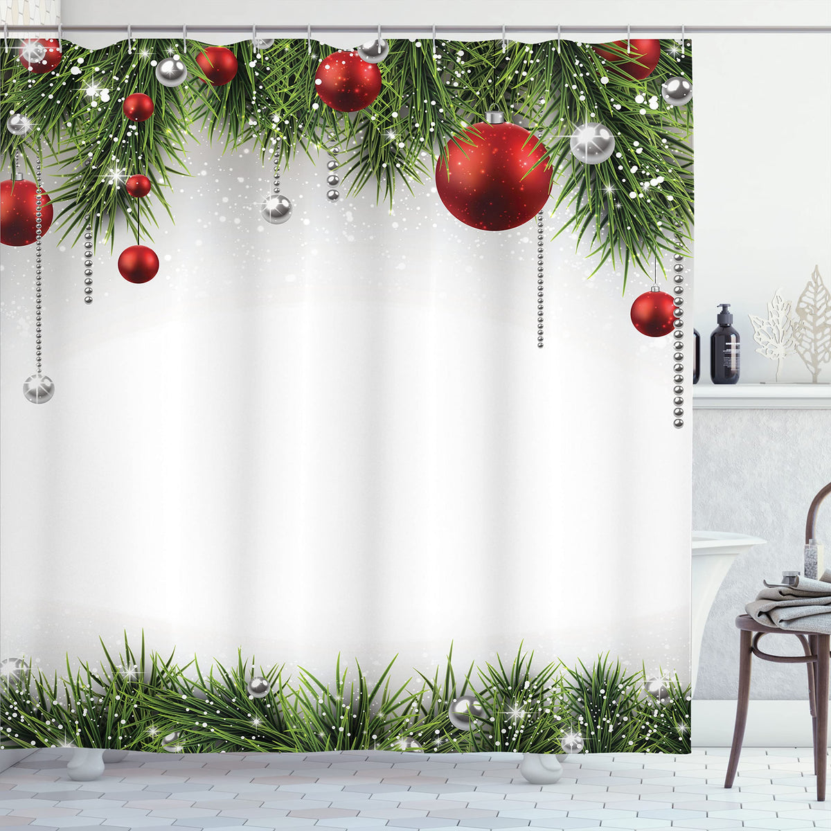 Ambesonne Christmas Shower Curtain, Classical Christmas Ornaments And Baubles Coniferous Pine Tree Twig Tinsel Print, Cloth Fabr