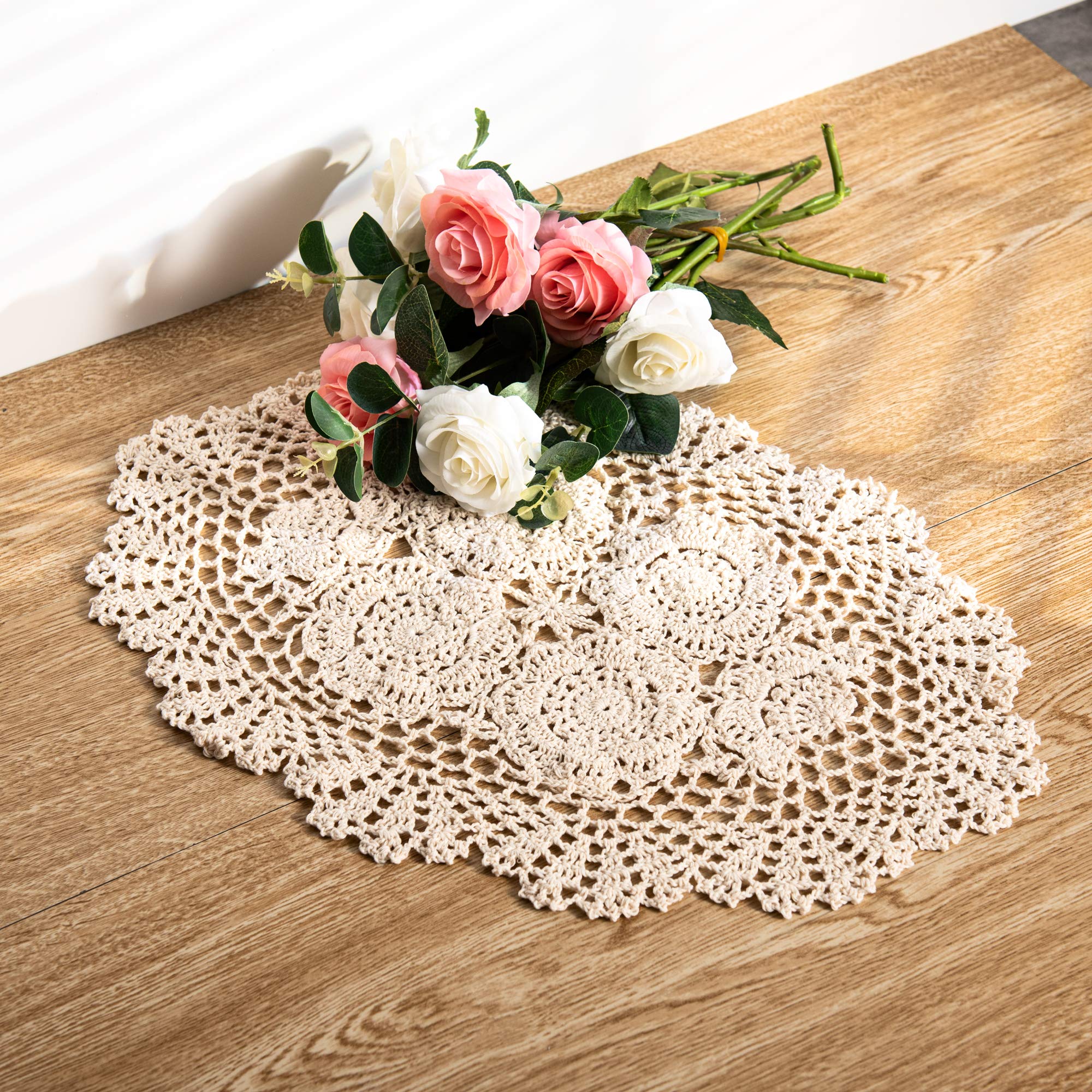 Eiyye 2-Pieces Handmade Cotton Crochet Doilies Oval Lace Table Placemats 12 X17Inch, Beige