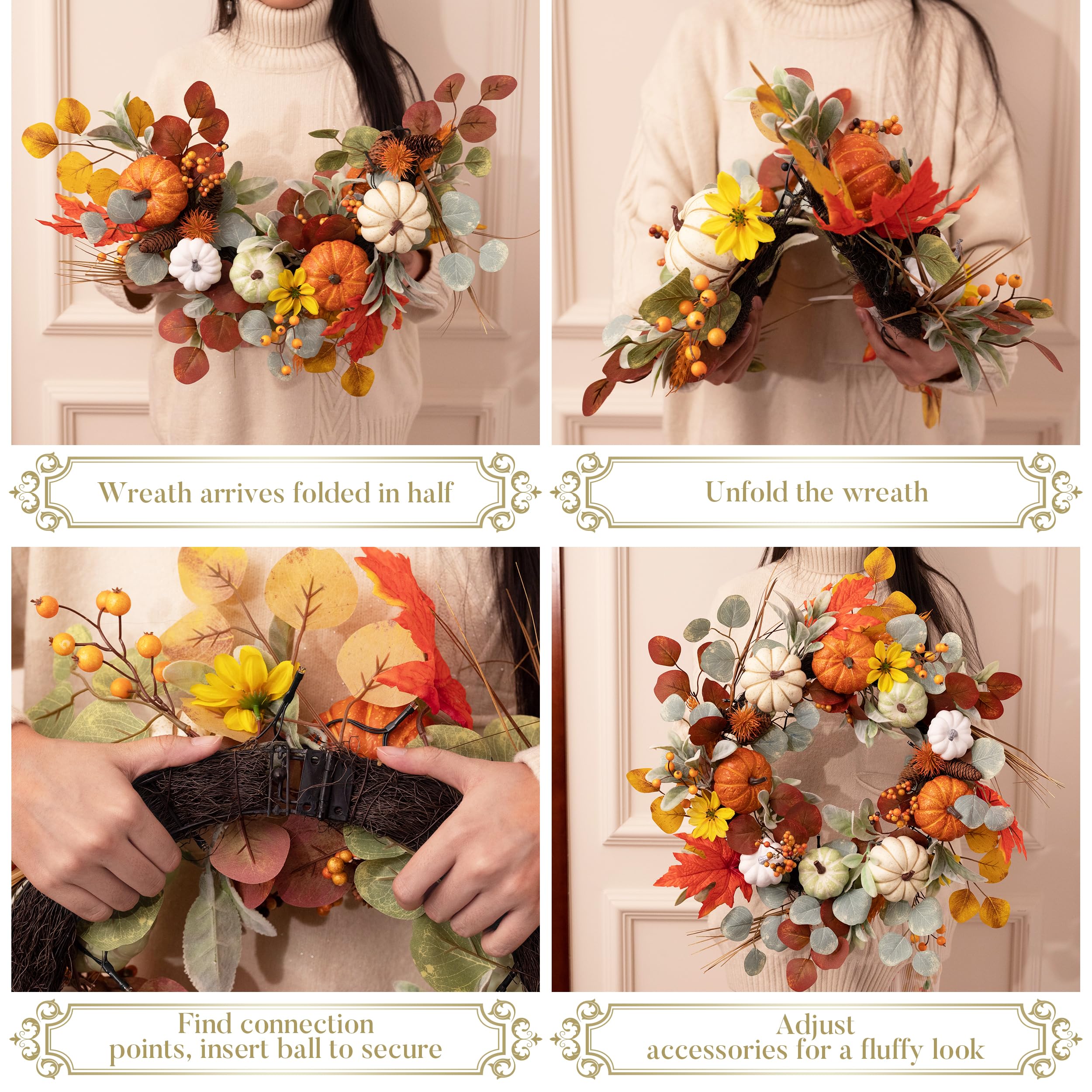 Valery Madelyn Collapsible Fall Wreath with Light for Front Door, 24 Halloween Door Wreath with White Pumpkin Silk Maple Leaves