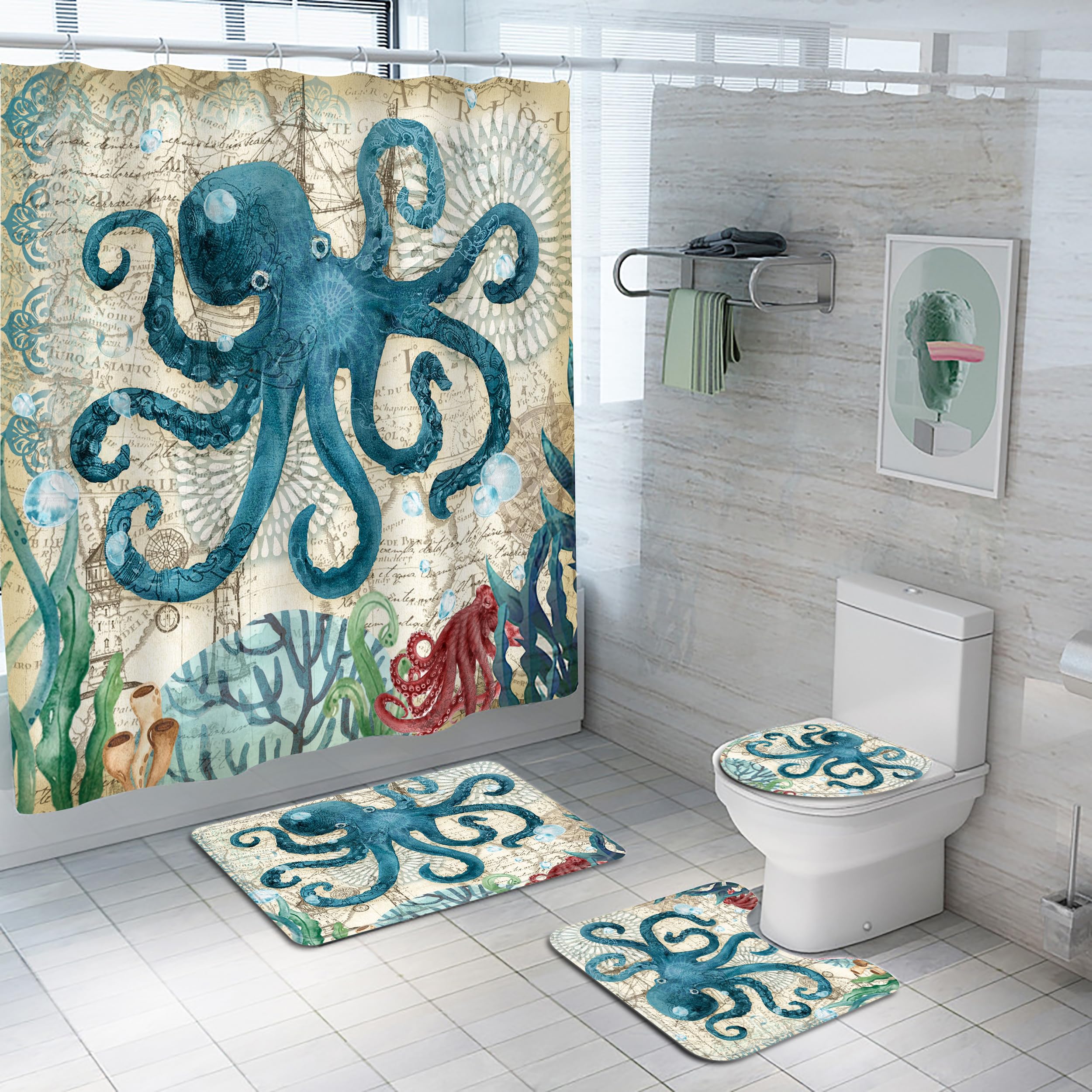 Planially 4Pcs Octopus Waterproof Shower Curtain Sets,Ocean Bathroom Sets With Shower Curtain, Toilet Lid Rug, Contour Mat And B
