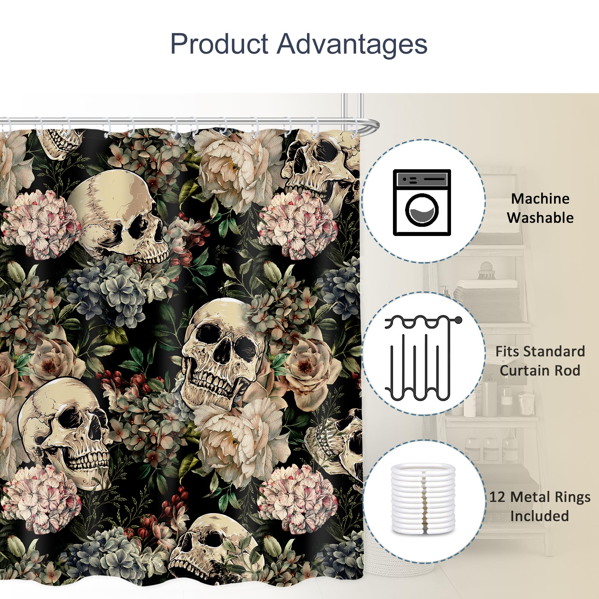 Ambzek Sugar Skull Shower Curtain 72Wx72L Inch Retro Floral Leaves Gothic Spooky Skeleton Plant Goth Vintage Mystical Artwork Cl