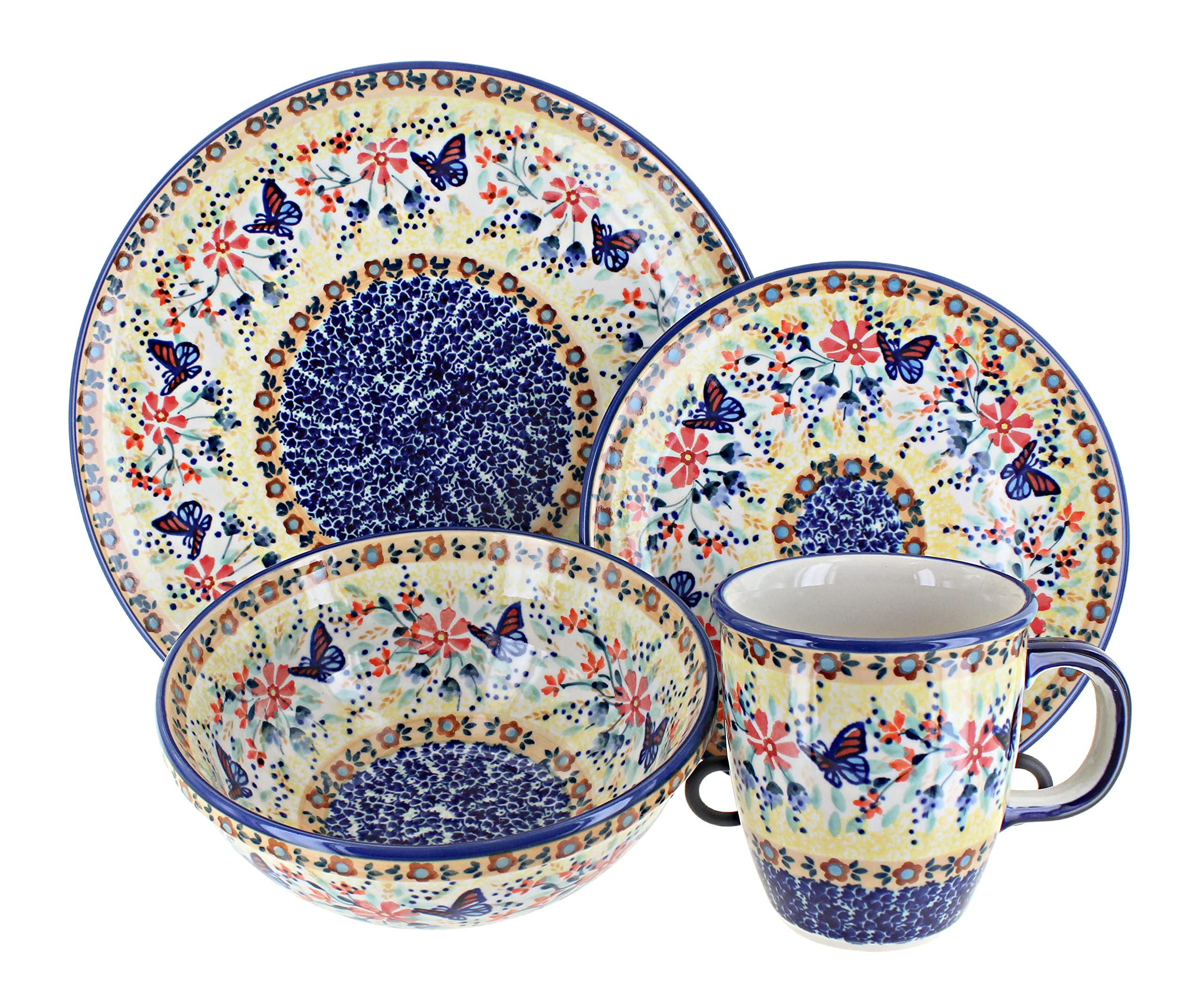 Blue Rose Polish Pottery Blue Butterfly 4 Piece Place Setting  Service for 1