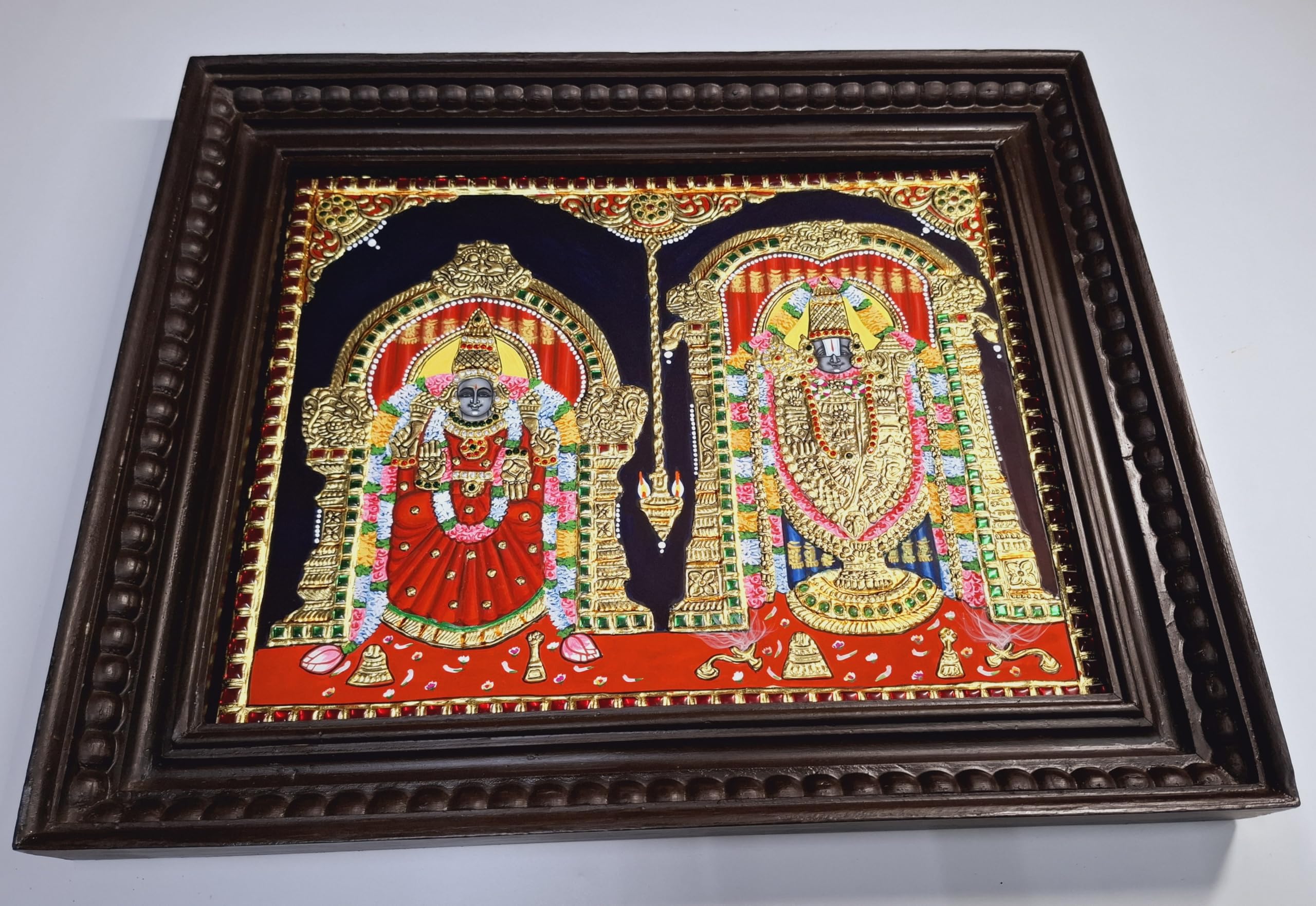 Jline Arts Wood Wall Hanging, Tanjore Painting Balaji Padmavathi, Multi-Color, Hand Painted, 22C Gold Foils Work, Teakwood Frame