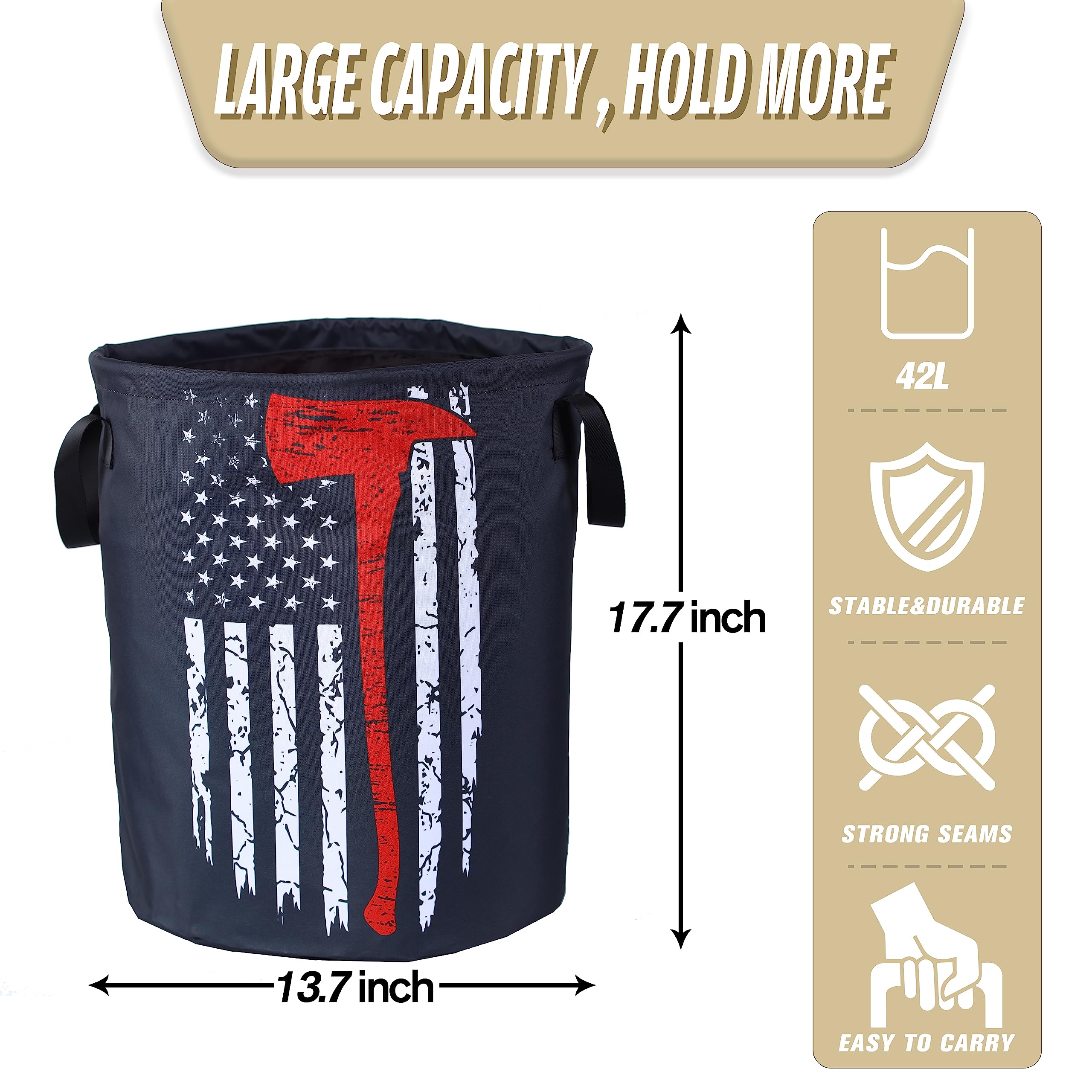American Flag Red Line Ax Laundry Basket Firemen Foldable Waterproof Oxford Cloth Funny Tote Bag Laundry Hamper Clothes Storage