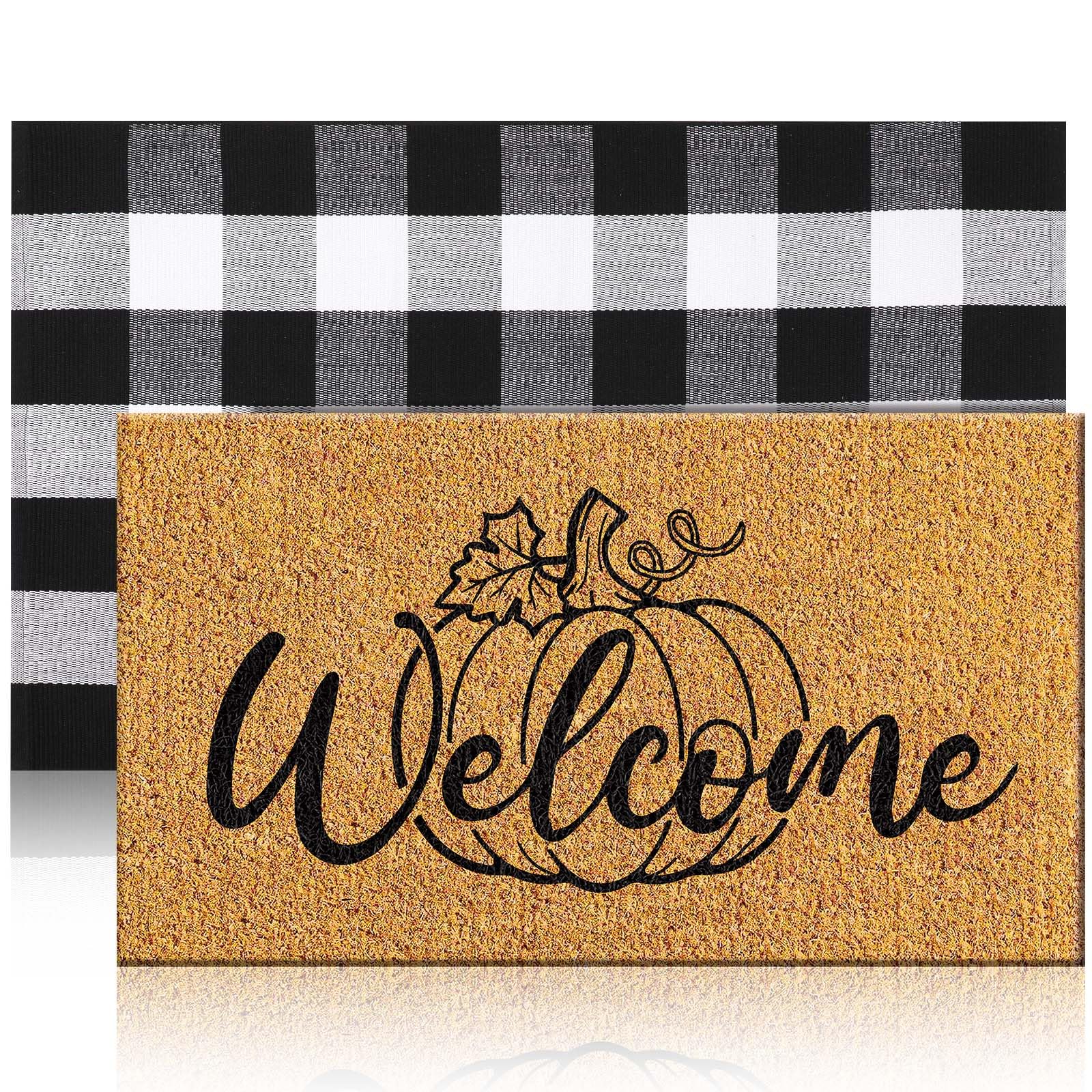 Duraaamo 2Pcs Thanksgiving Coir Door Mat Outdoor Pumpkin Welcome Doormat Fall Layered Buffalo Black and White Checkered Rug Outd