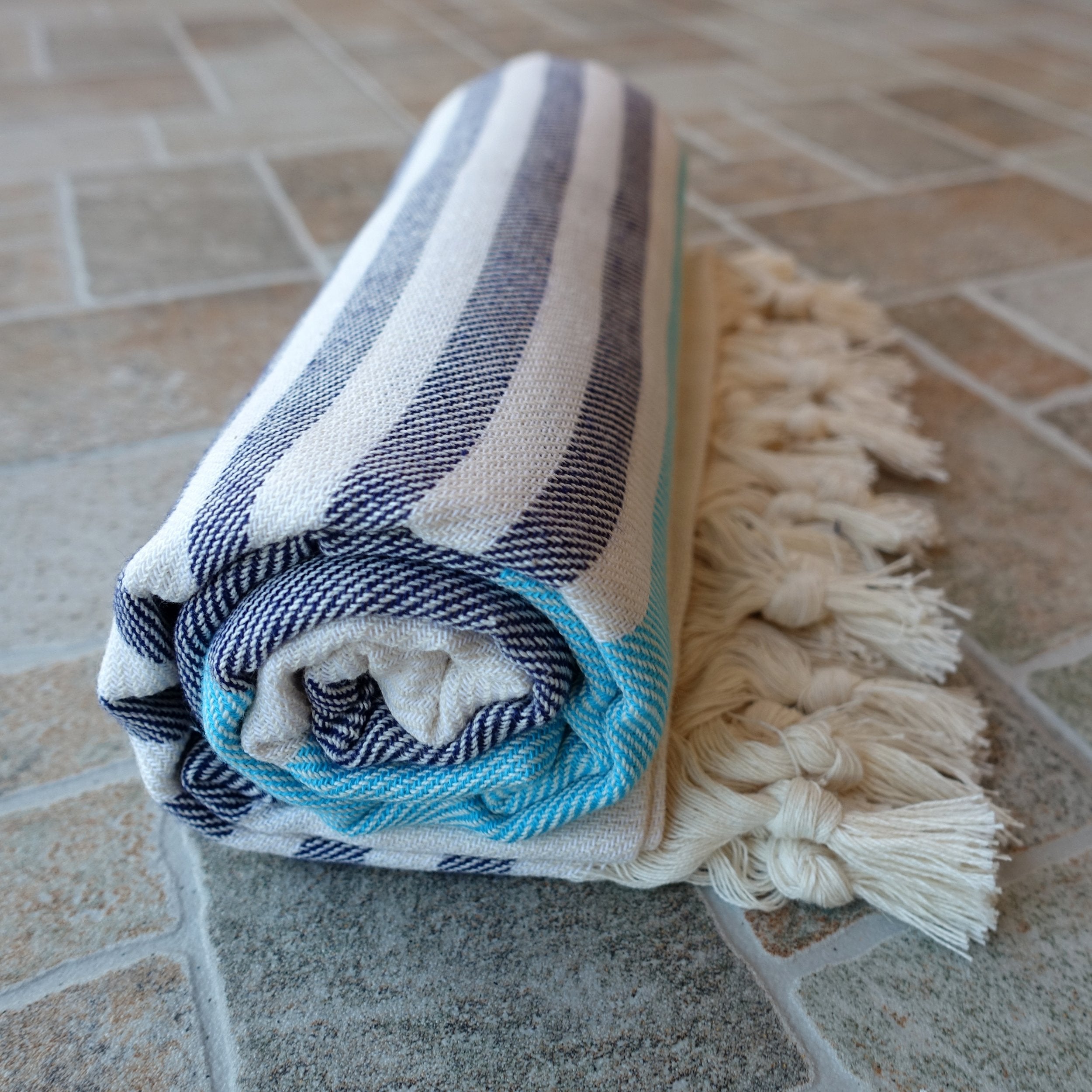 Dandelion - Palette Pattern - Naturally-Dyed Cotton Turkish Towel Peshtemal - 71X39 Inches - Dark Blue & Turquoise