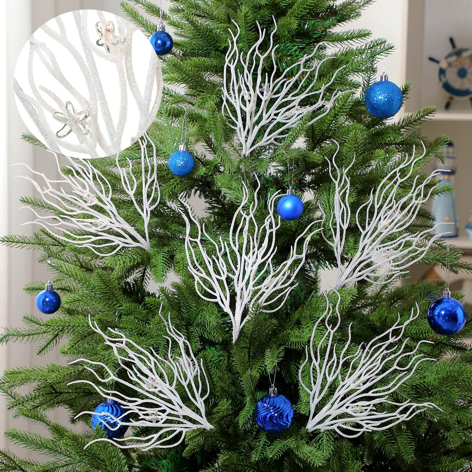 Vercraft 8 Pcs White Coastal Christmas Decorations 15.7inch Glitter Coastal Ornaments for Christmas Tree Artificial Ocean Beach