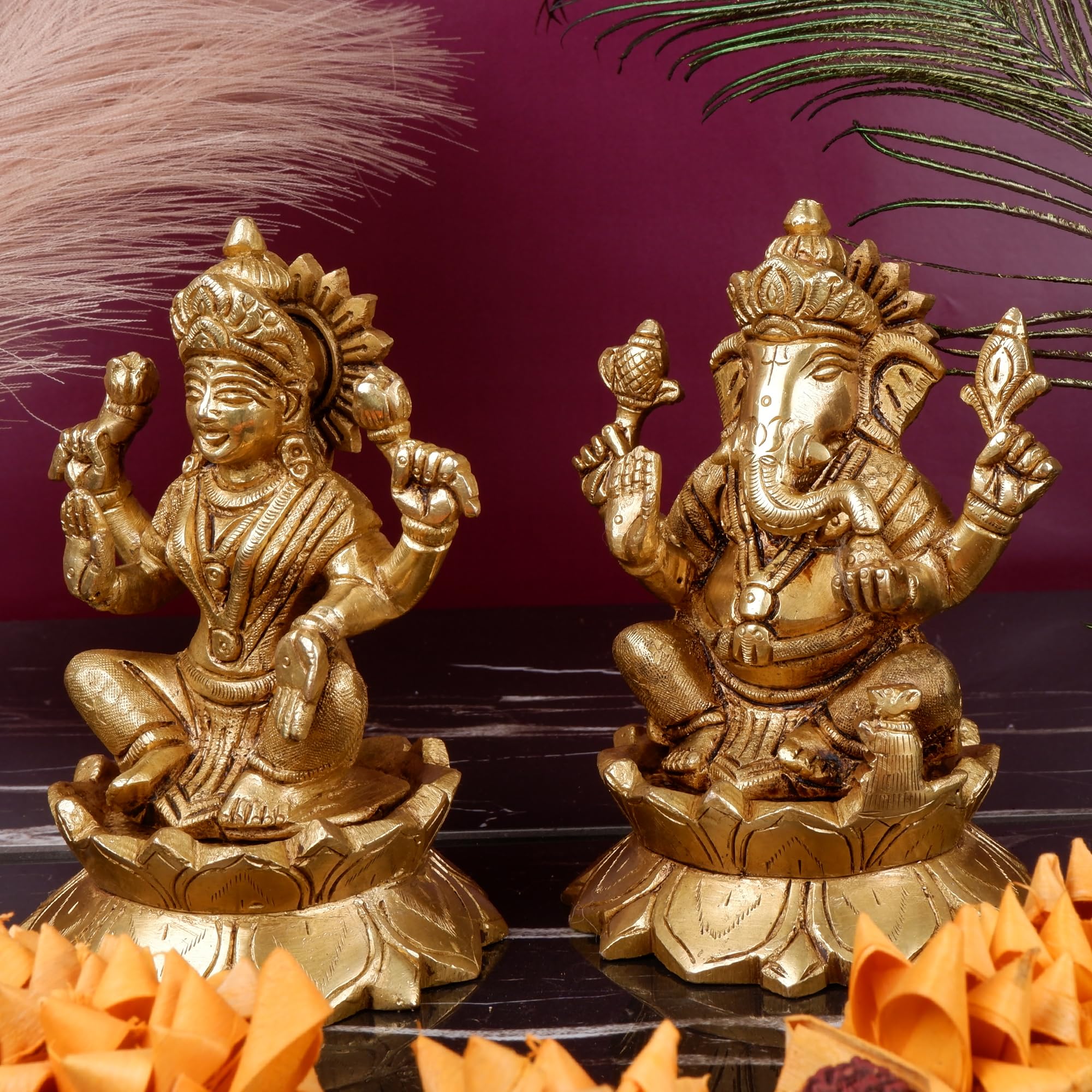Shoppingrox Lakshmi Ganesh Set 14 Cm Religious Idol & Figurine Brass Metal Yellow Colour