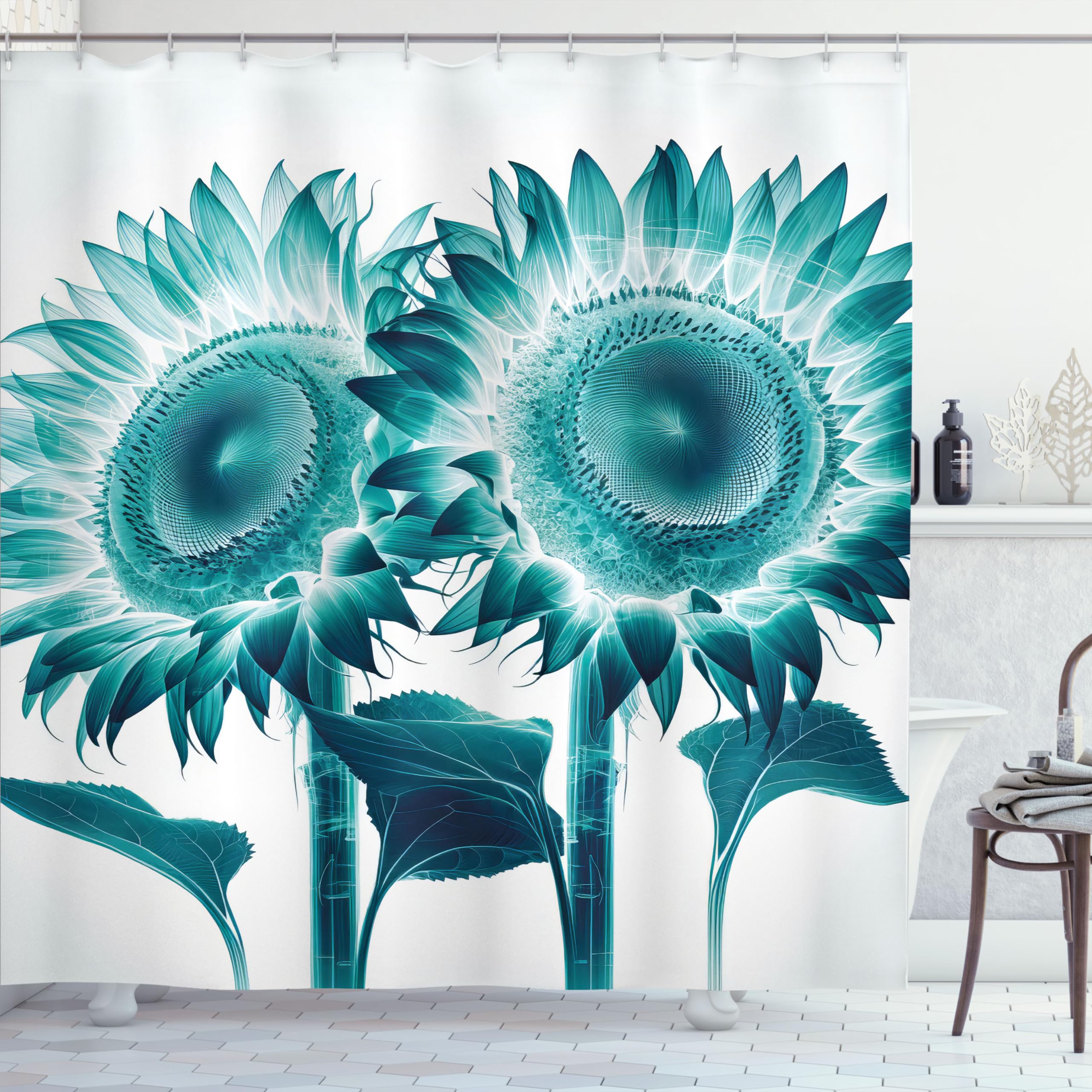 Ambesonne Teal Shower Curtain, Futurist Sunflowers Illustration With Dreamy Cyberworld Colors Fantasy, Cloth Fabric Bathroom Dec