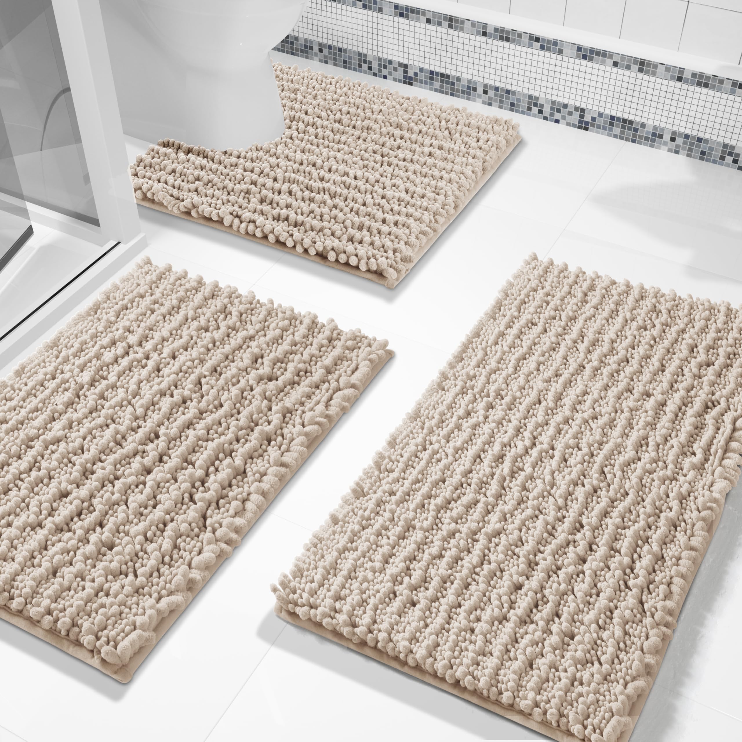 Yimobra Bathroom Rugs Sets 3 Piece, Fluffy Plush Chenille Baht Mats Sets With Toilet Rug U Shaped, Soft Shaggy Absorbent Non Sli