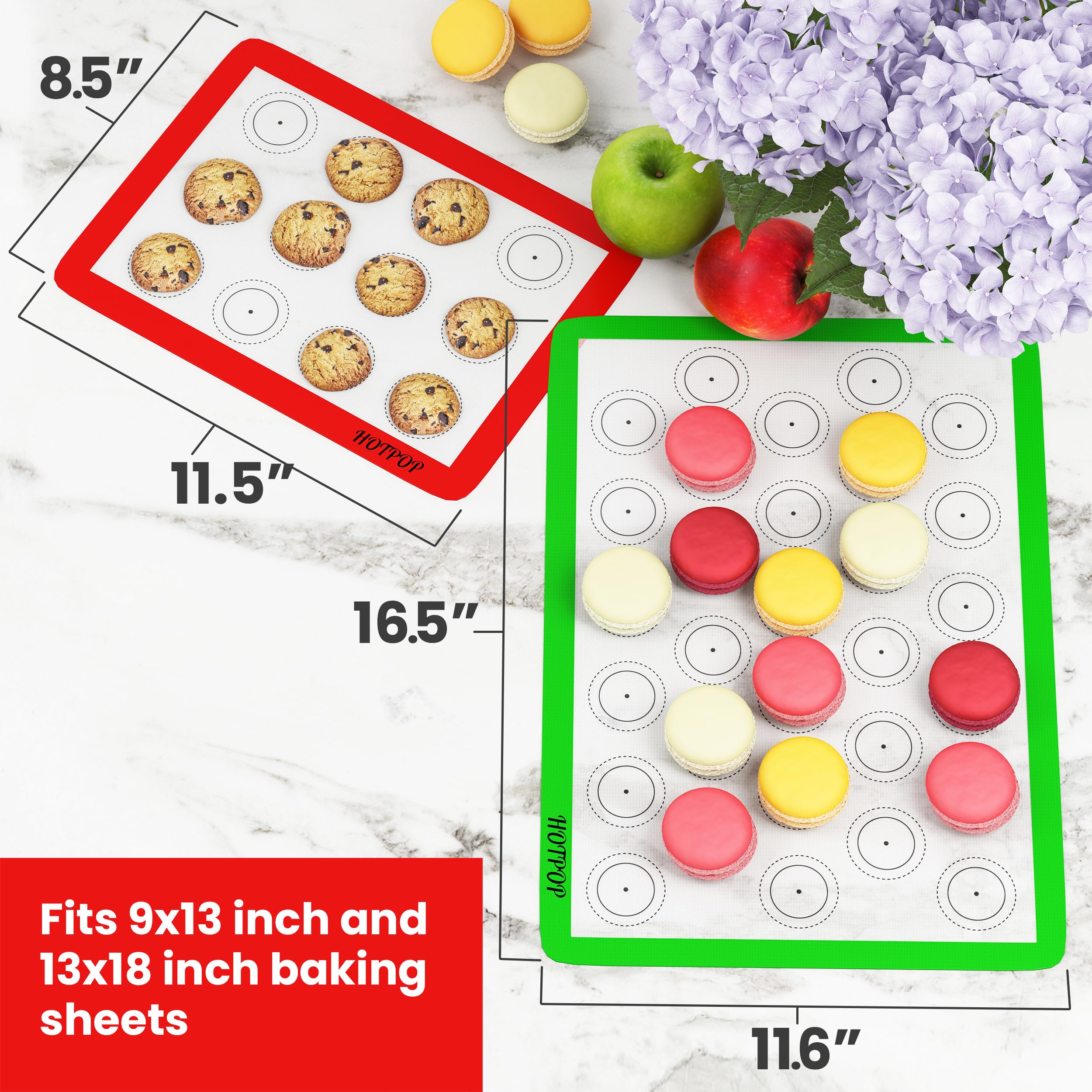 HOTPOP Set of 4 Non-Stick Silicone Macaron Baking Mats, 2 Half & 2 Quarter Sheets, Multicolor, Model H-4