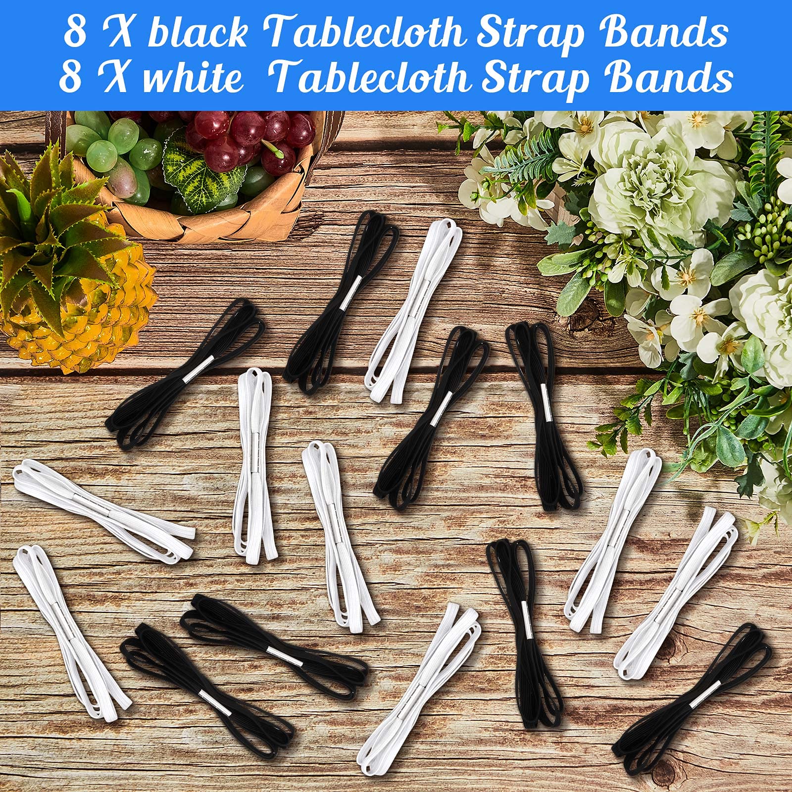 Table Bungees Tablecloth Strap Band Tablecloth Bungee Cord to Hold Down Table Cloth for Outdoor Tables Kitchen Tables Picnic Camping Wedding Party(White  Black 16 Pieces)