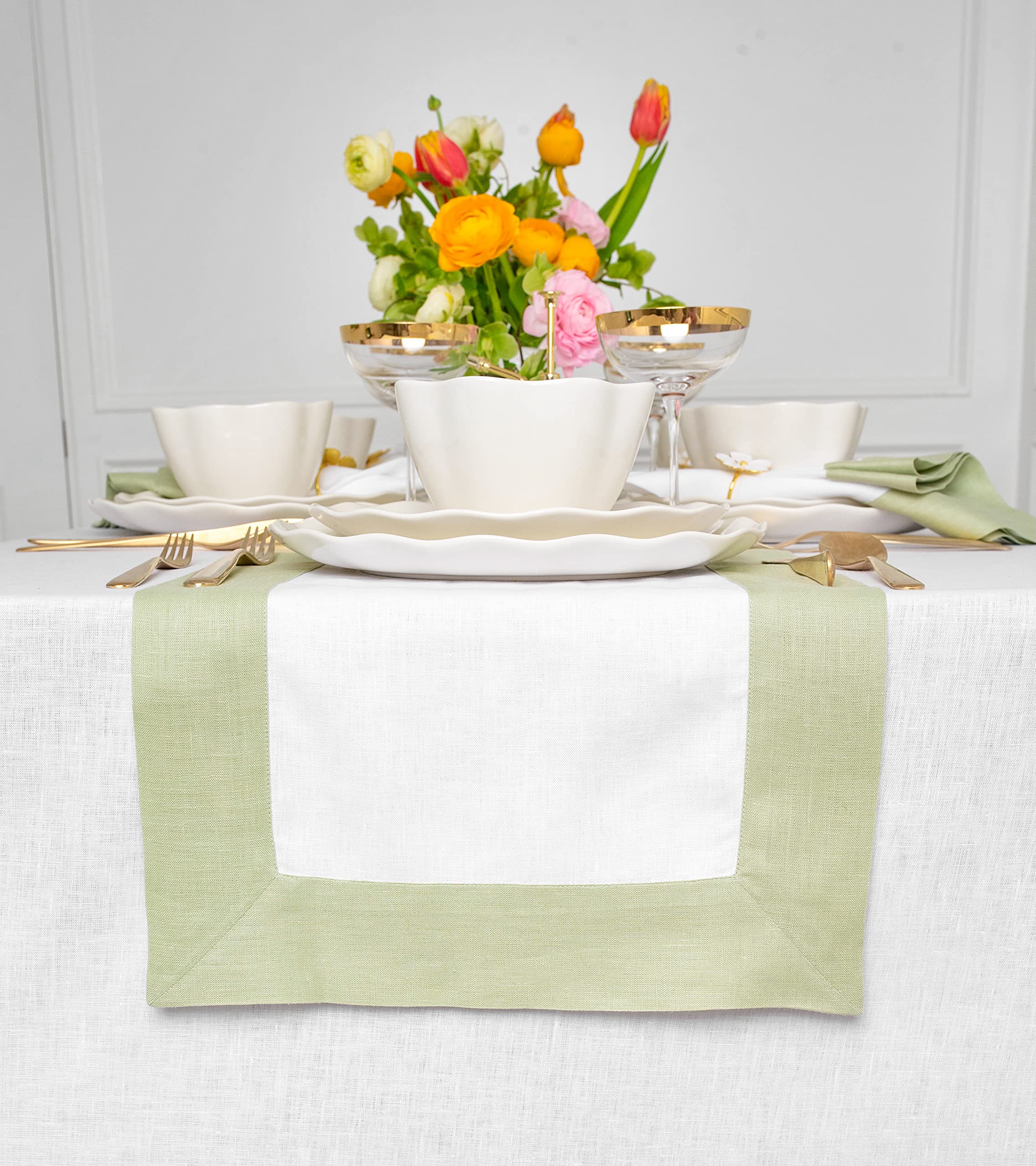 Solino Home Linen Table Runner - Sage Green And White 14 X 108 Inch - 100% Pure Linen Border Table Runner For Spring, Summer, Di