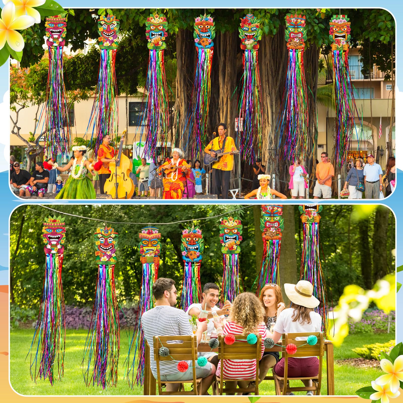 Affrolling 8 Pcs Hawaiian Luau Party Decoration Tiki Totem Hanging Decorations with Tassels for Aloha Hawaii Luau Tropical Birth