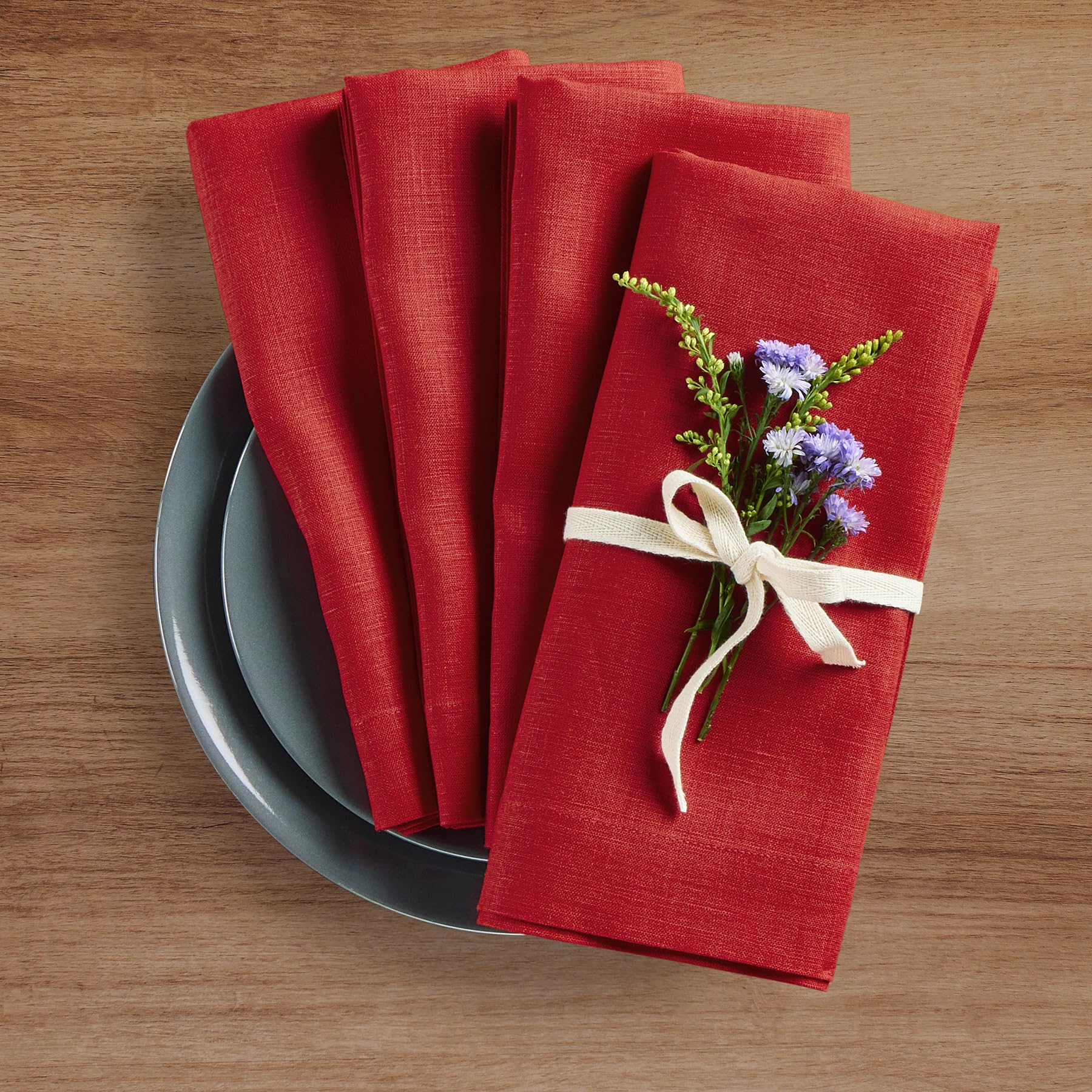 Solino Home Linen Dinner Napkins 20 X 20 Inch - 100% Pure Linen Red Cloth Napkins Set Of 4 For Spring, Easter - Fete, Handcrafte