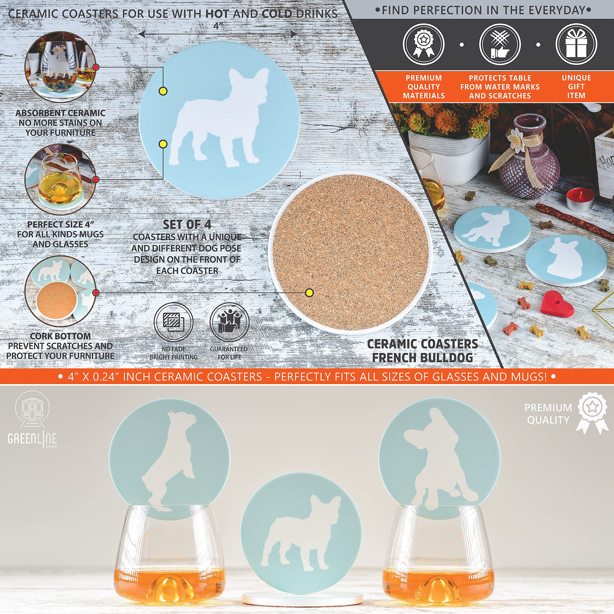 Greenline Goods French Bulldog Lovers Ceramic Drink Coasters - Set of 4 Frenchie Dog Coasters with Protective Cork Bottom and Metal Stand - French Bulldog Decor for French Bulldog Moms & Dads