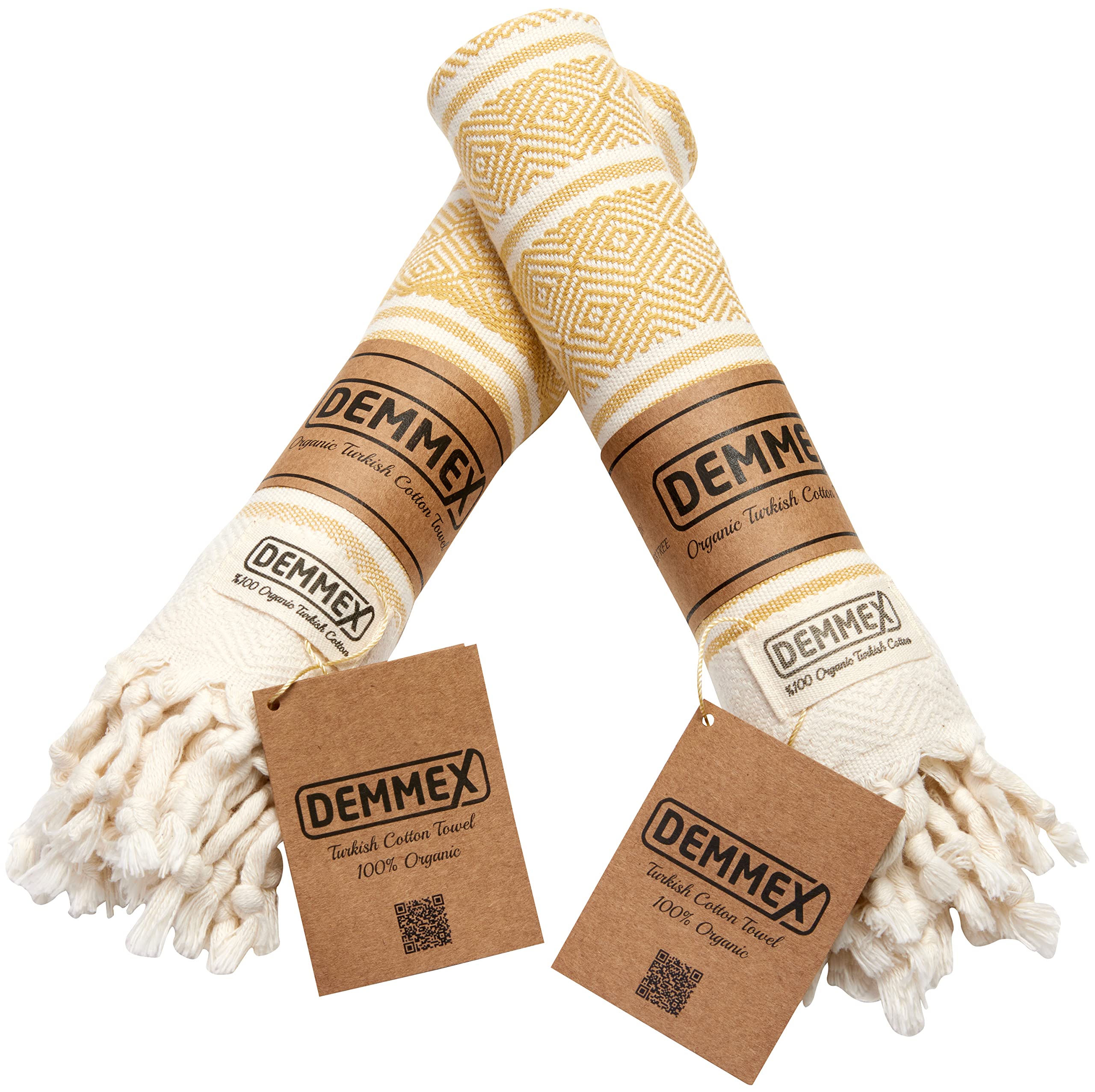 Demmex (Set Of 2) Certified 100% Organic Turkish Cotton Prewashed Decorative Bathroom Peshtemal Towel For Hand, Face, Hair, Gym,