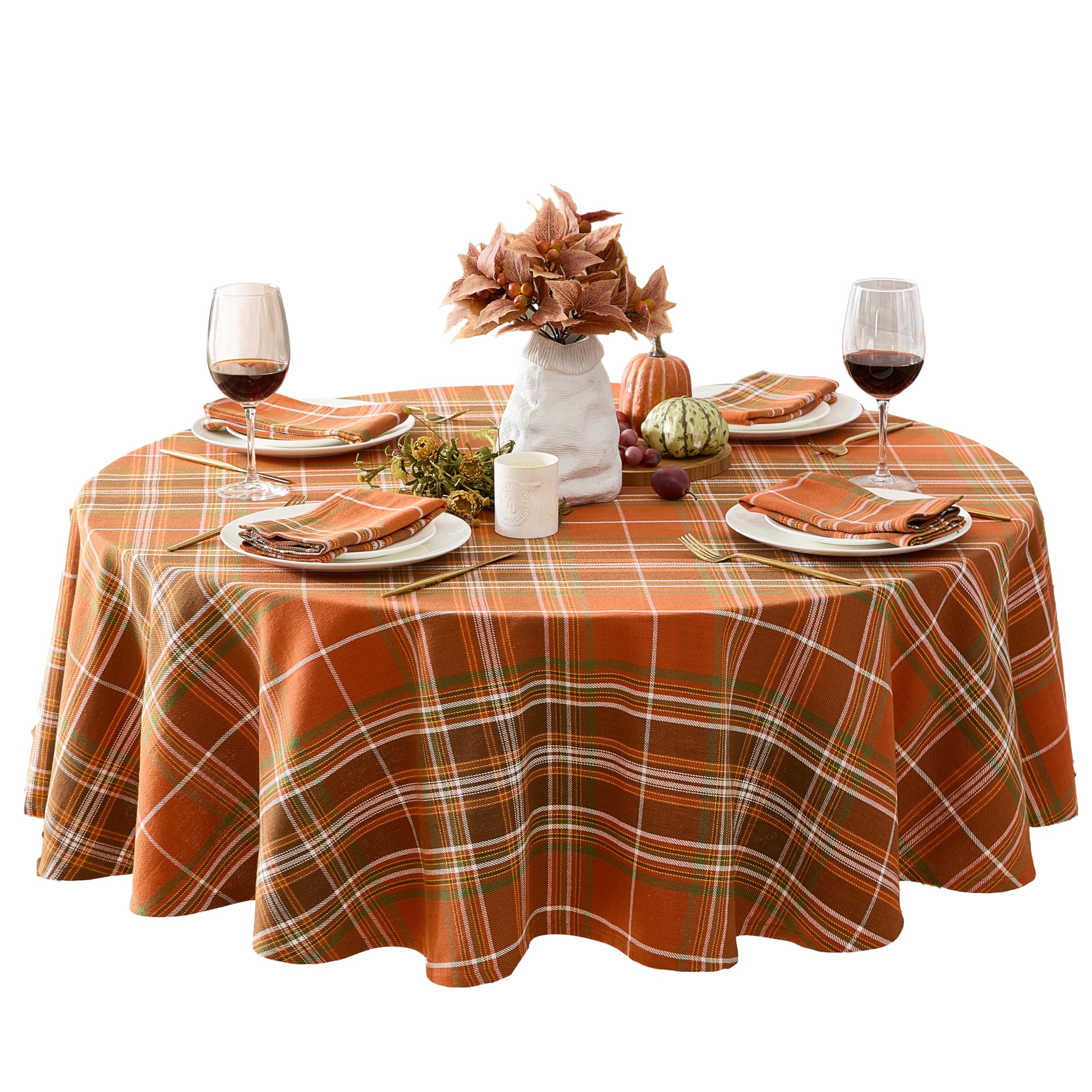 Newbridge Culloden Plaid Fabric Weave Tablecloth, Traditional Bold Rust and Green 100% Cotton Weave Plaid Tablecloth, 70 Inch Ro