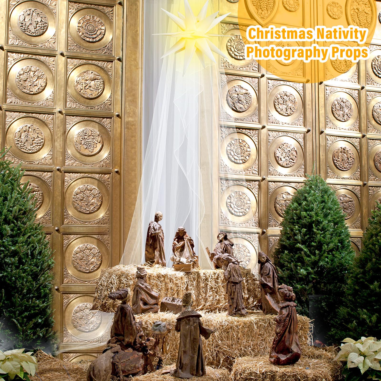 Threlaco 3 Pcs Nativity Scene with 1.6 x 9 m Draping Fabric, Church Decor and Classical Bethlehem Star Lights - Religious Decora
