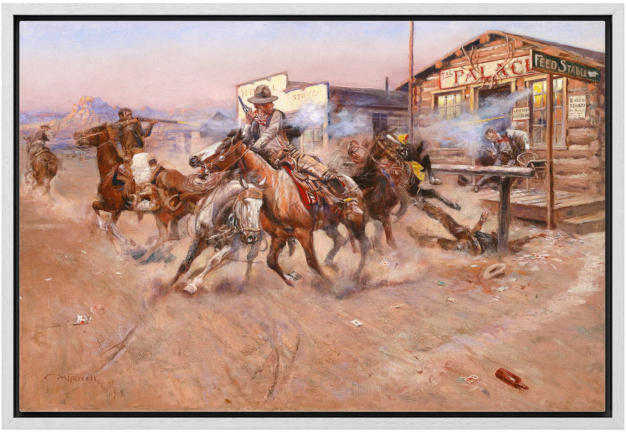 Wall26 - Smoke By Charles Marion Russell - Framed Canvas Print Wall Art Famous Painting Reproduction - 16''X24'' White