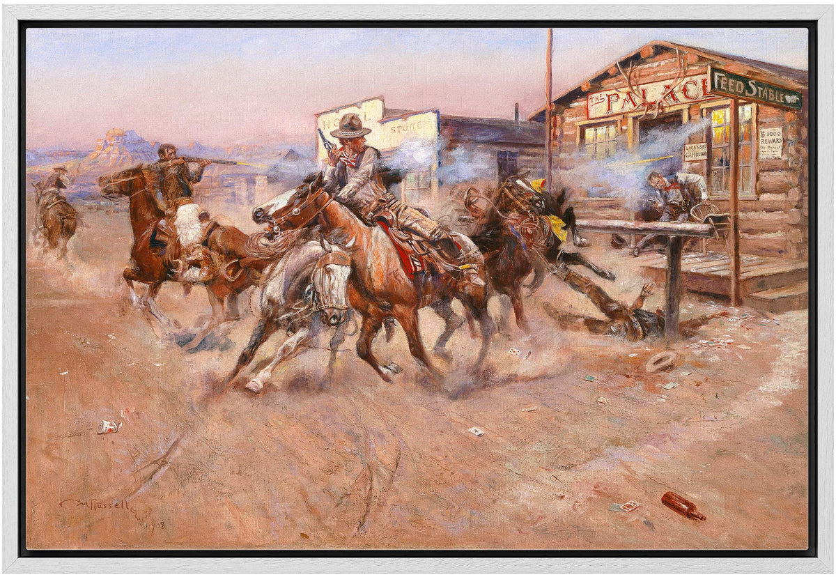 Wall26 - Smoke By Charles Marion Russell - Framed Canvas Print Wall Art Famous Painting Reproduction - 24''X36'' White